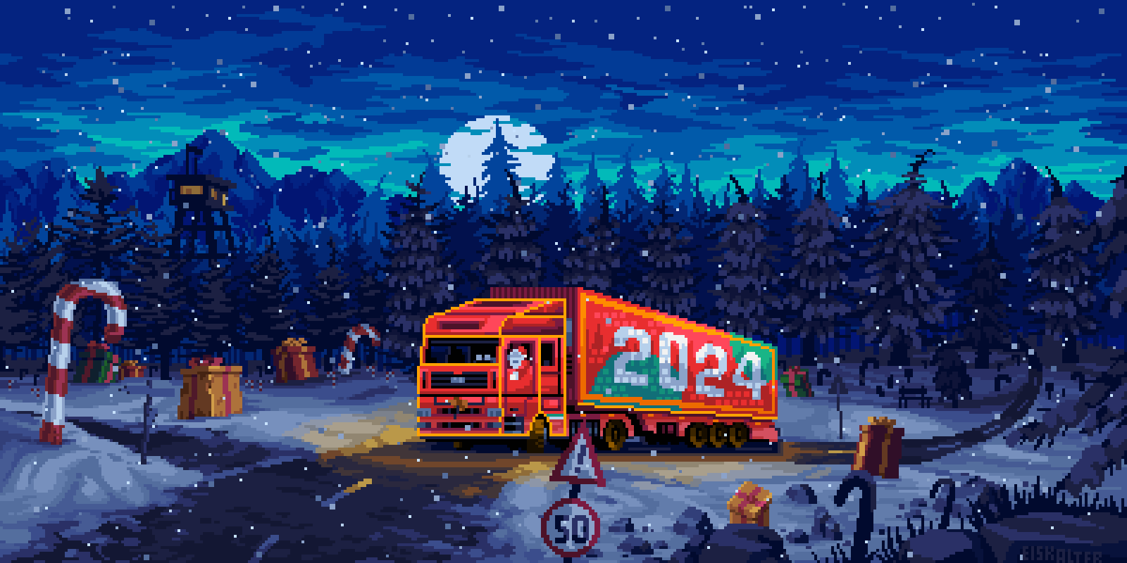 1600x800 Winter Night Ride: A Pixel Snowfall Journey
