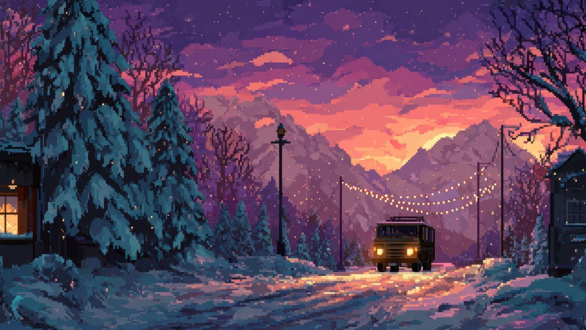 1920x1080 Pixel Art Winter Evening Landscape With Truck On Snowy Road [1920x1080]