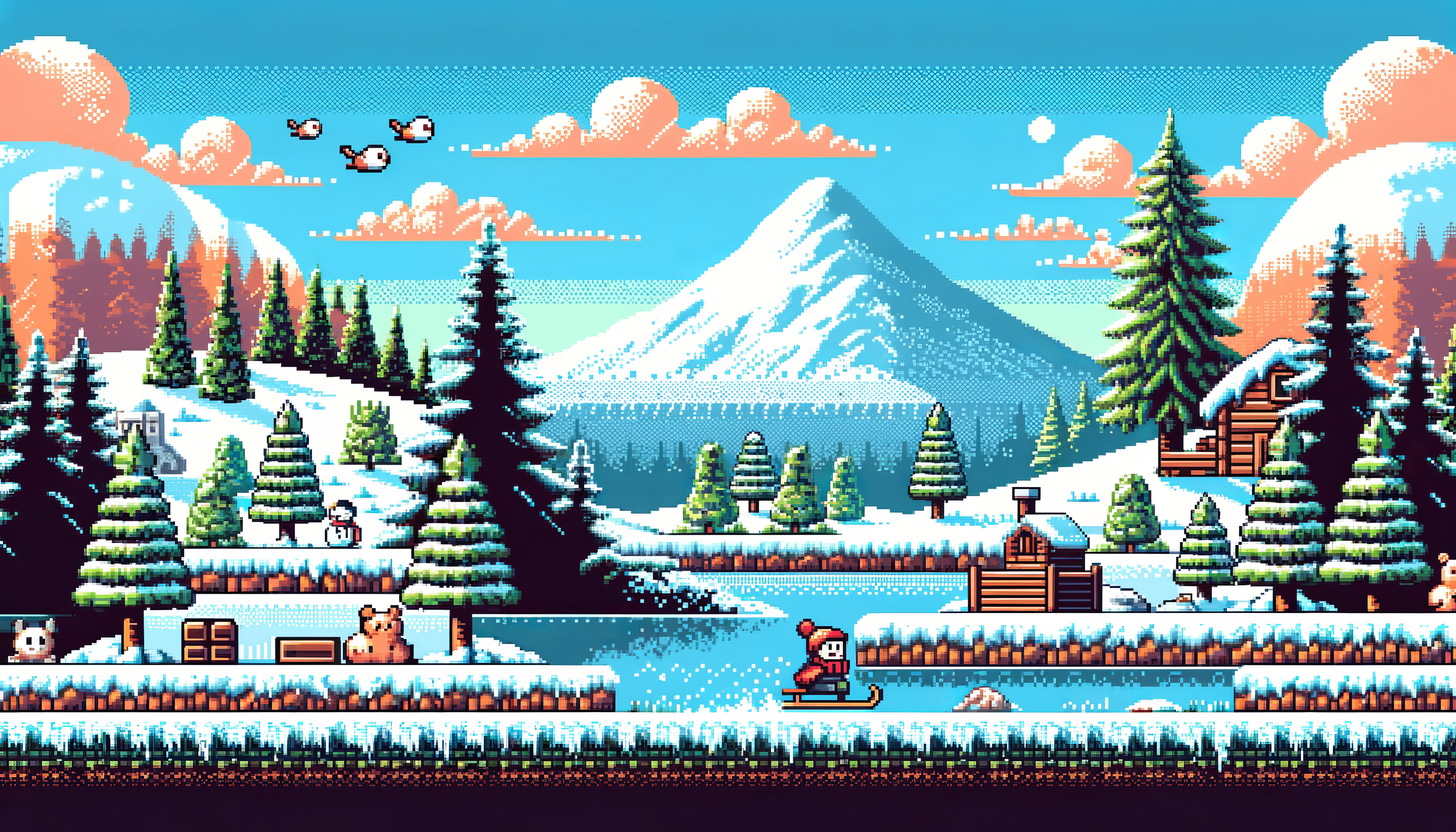 3584x2048 Winter Wonderland Pixel Art Sledding Scene HD Wallpaper