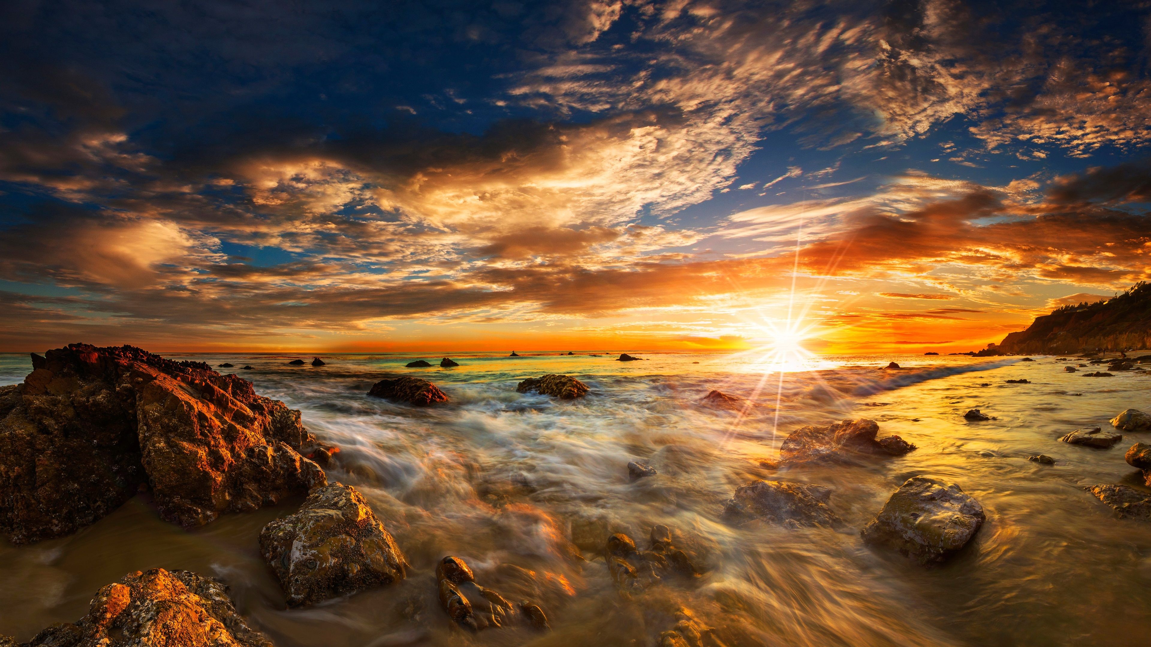 3840x2160 Wallpaper USA, Malibu, Matador State Beach, sea, stones, clouds, sunset 3840x2160 UHD 4K Picture, Image