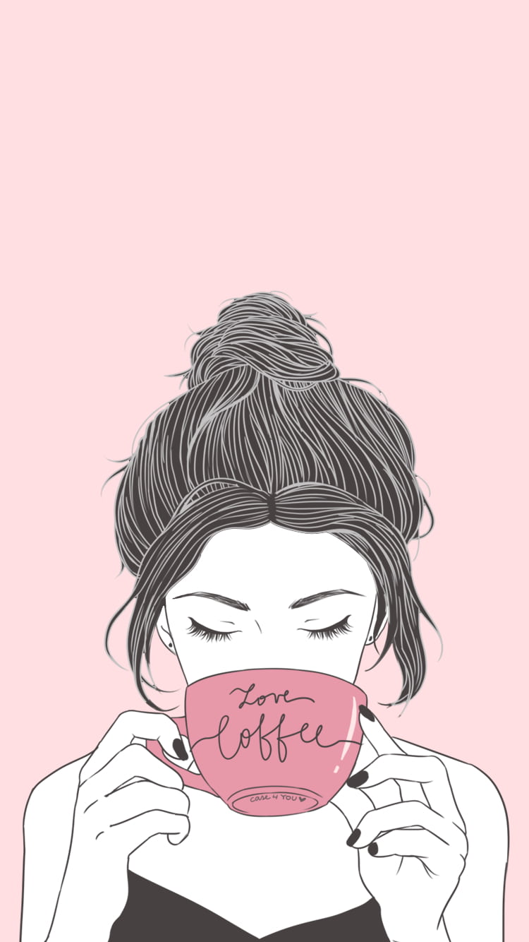 750x1334 Love coffee!. Girl drinking coffee on pastel pink. Mobile wallpaper [750x1334]