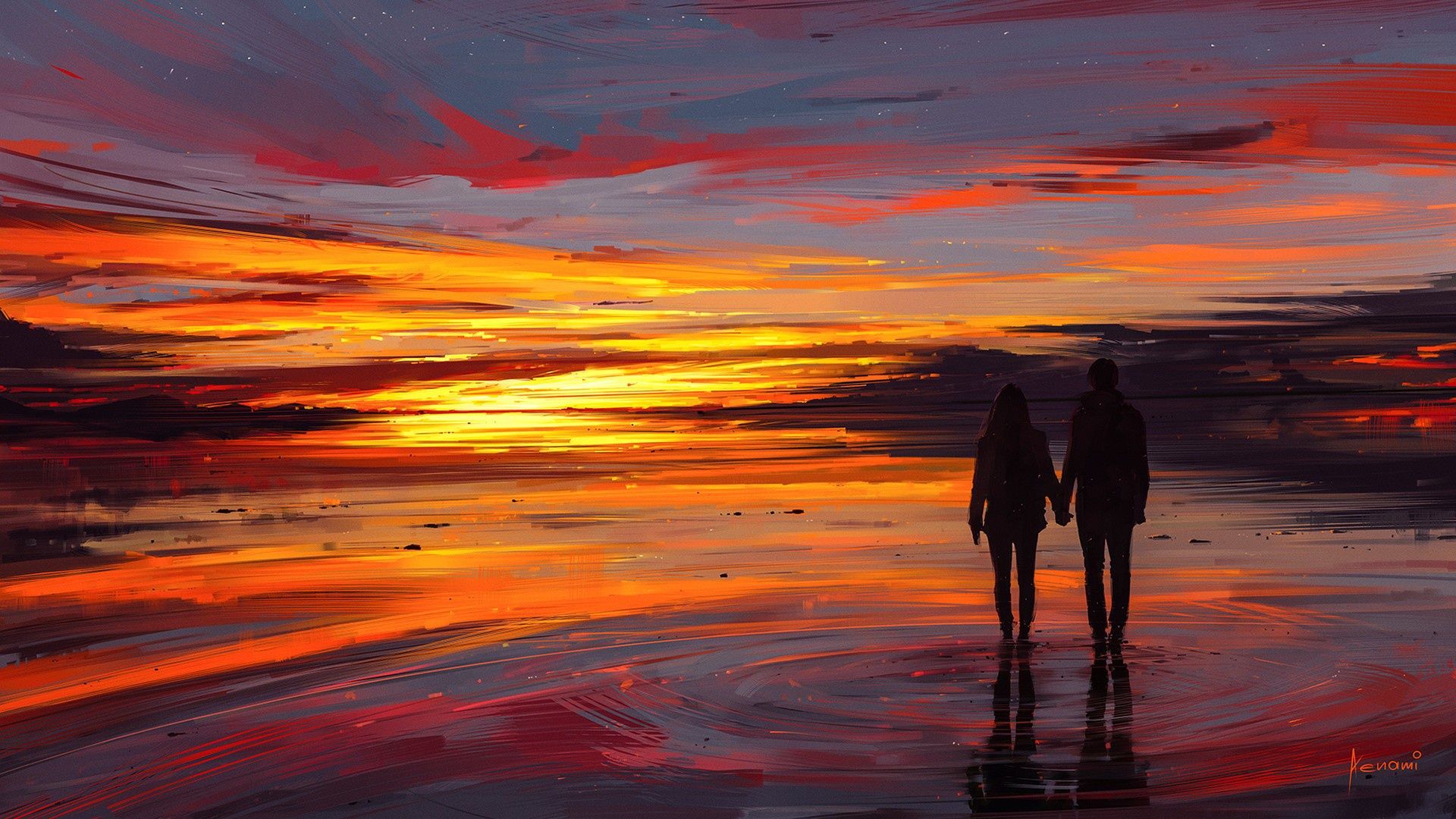 1920x1080 Wallpaper Illustration, holding, sunset, woman, feeling, twilight, couple, girl for mobile and desktop, section настроения, resolution 1920x1080