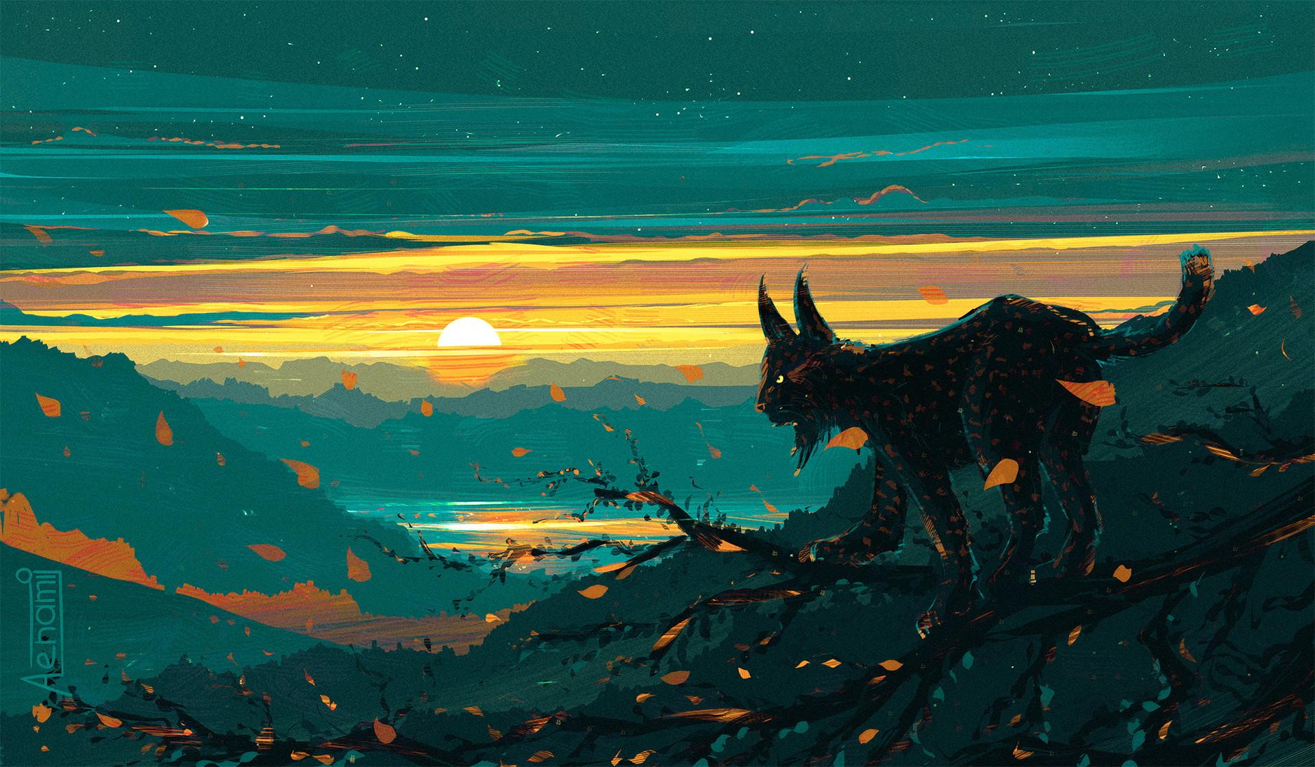 1920x1120 Big Cat In Sunset Wallpaper, HD Artist 4K Wallpaper, Image, Photo and Background