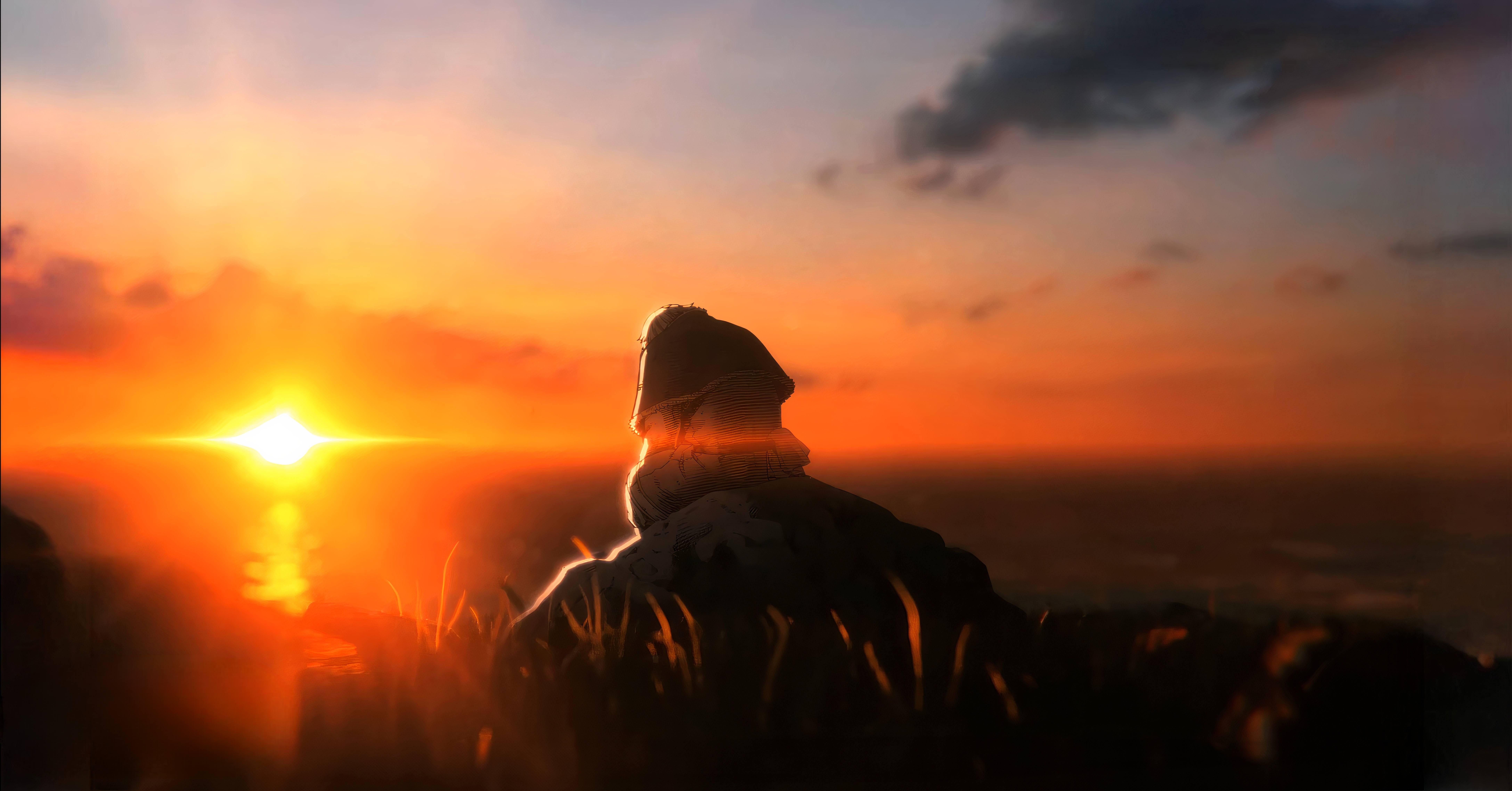 8700x4548 Thorfinn sitting on a rock while sunset Wallpaper [7680x4320]