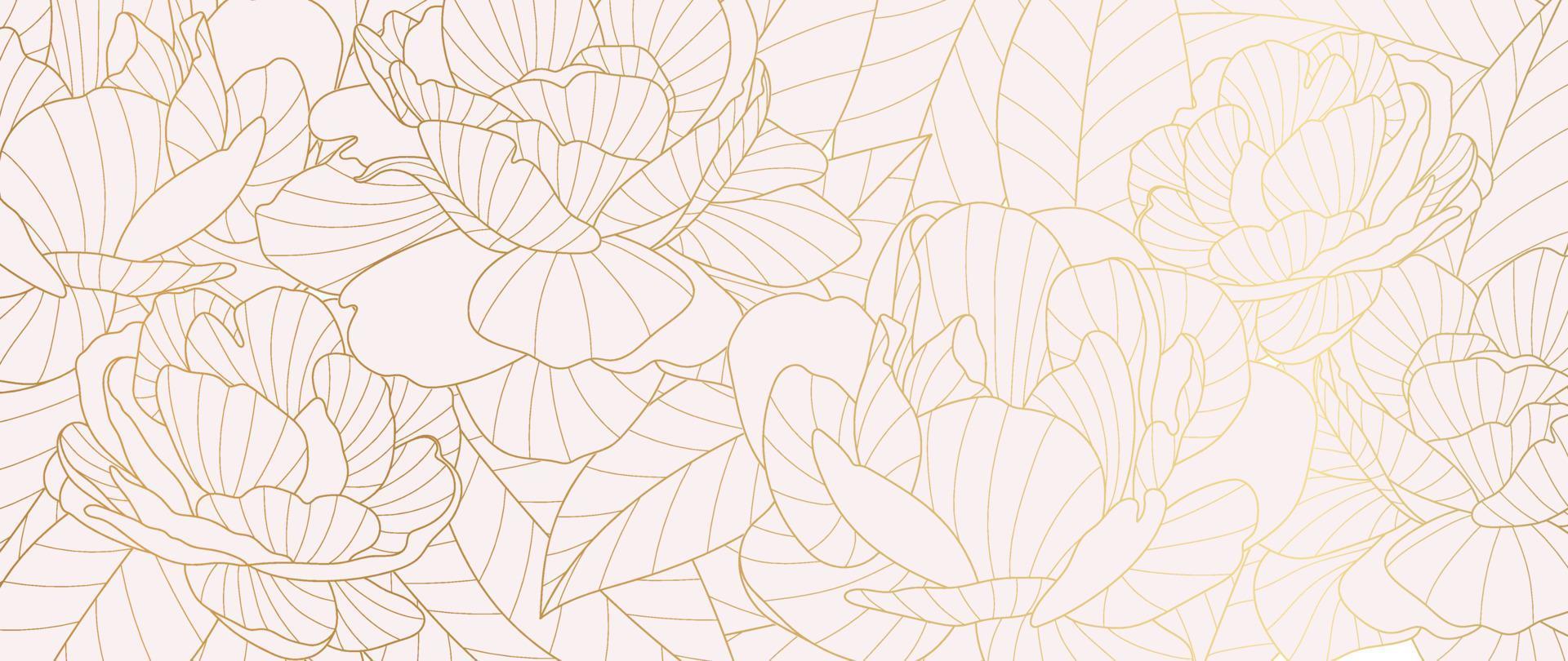 1920x810 Luxury golden peony flower line art background vector. Natural botanical elegant flower with gold line art. Design illustration for decoration, wall decor, wallpaper, cover, banner, poster, card