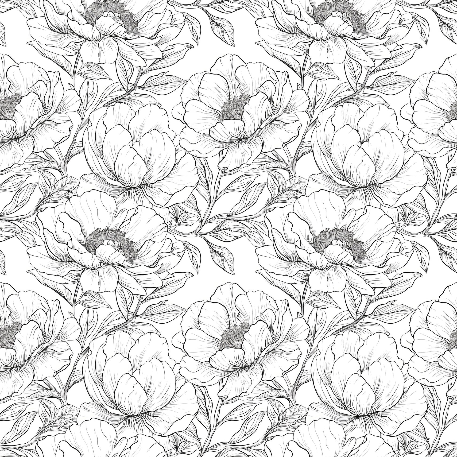 1946x1946 Peony Pencil Sketch Peel and Stick Wallpaper Sample, Flowers, Line Art