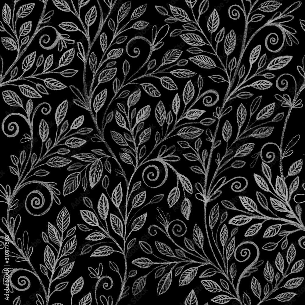 1000x1000 White floral ornament on a black background. Abstract seamless texture for wallpaper, fabric design, and wrapping paper. Chalk drawing. Hand made pattern Stock Illustration