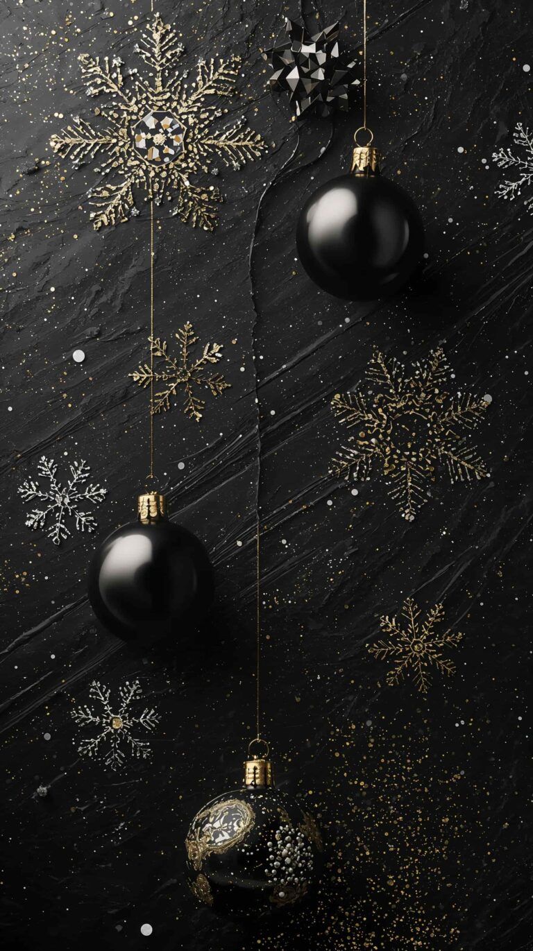 768x1371 Free Black Christmas Ornament Wallpaper –Elegant Holiday