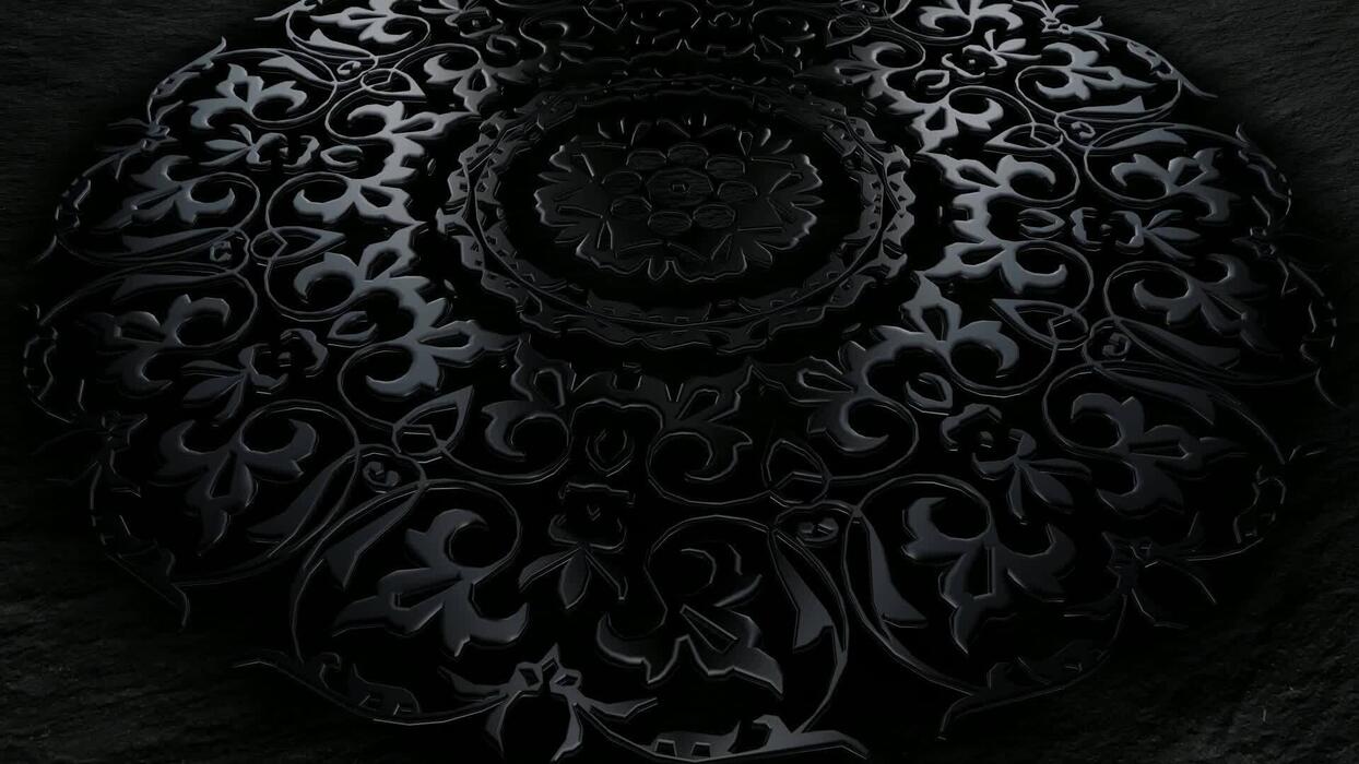1244x700 Premium Black Ornament Turning in Endless Rotation with Elite Charcoal Surface, Dark Texture Template, and Glossy Metallic Finish
