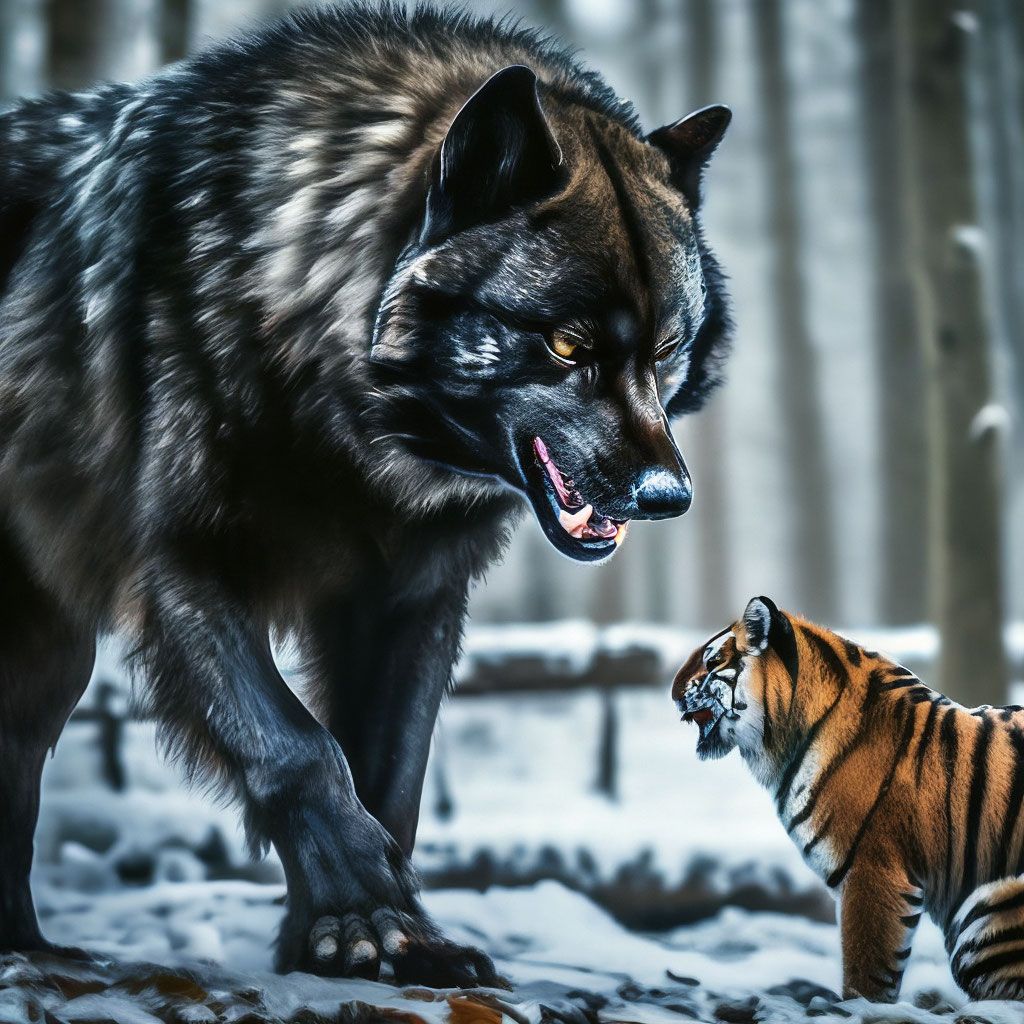 1024x1024 Hungry Mega Huge Ferocious Black Wolf Stands And Looks Down On The Tiger, The Wolf Is King And The Tiger Is Prey