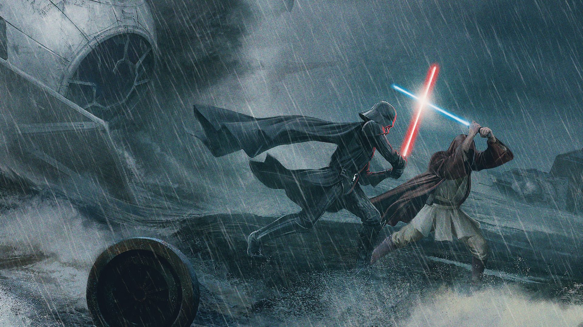 1920x1080 Desktop wallpaper: Star Wars: Darth Vader, Jedi, Lightsaber, Star Wars, Rain, Hood, Comics, Blue Lightsaber, Cape, Coat, Darth Vader, Helmet, Obi Wan Kenobi, Red Lightsaber, Sith (Star Wars), Water 4K free download