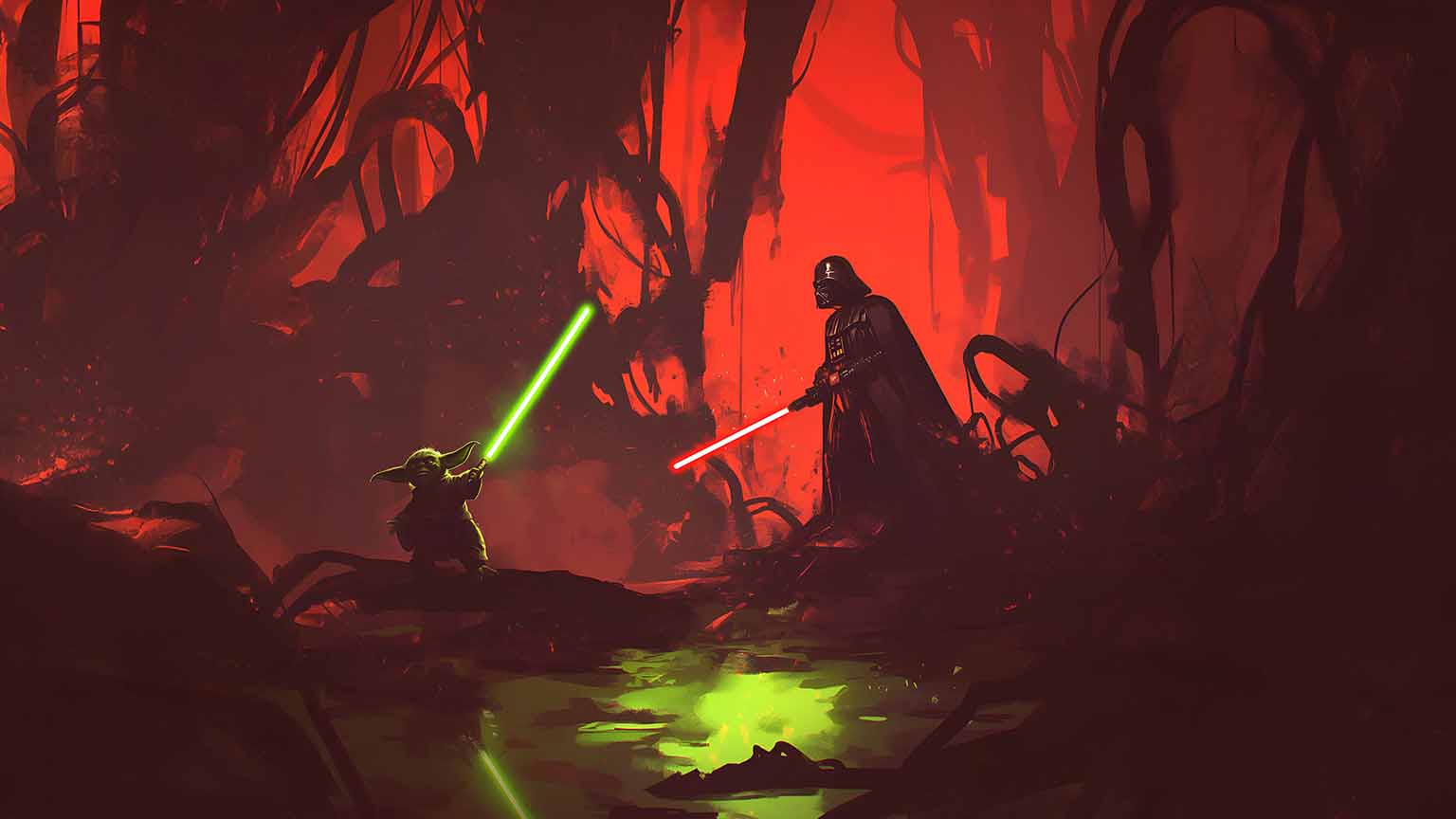 1536x864 Star Wars Yoda vs Vader Duel Desktop Wallpaper