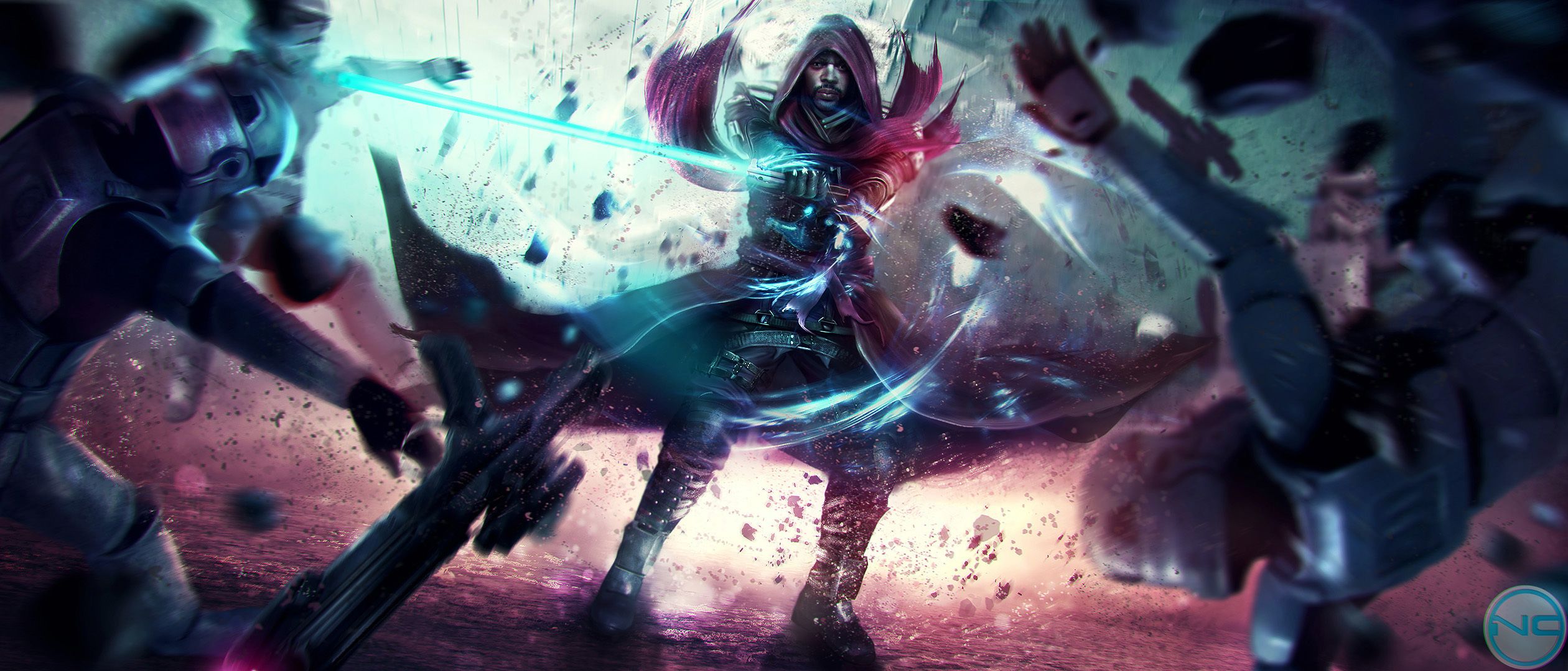 2520x1080 Wallpaper attack, fan art, power, jedi, Stormtrooper, Jedi, lightsaber, Star Wars for mobile and desktop, section фантастика, resolution 2520x1080