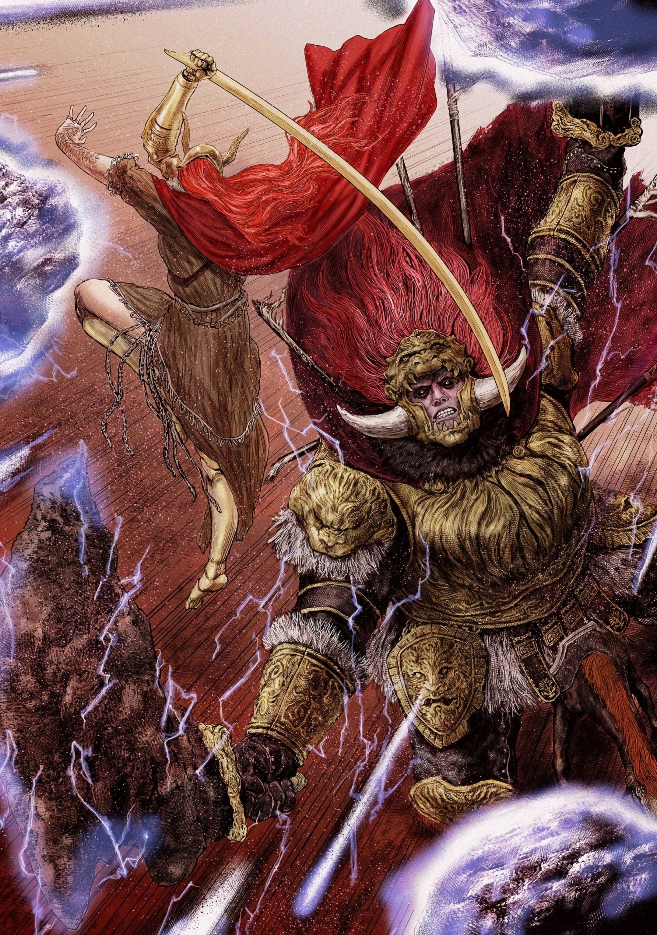 2158x3072 Malenia Vs Rahdan from the Official Manga, Upscaled for Wallpaper use