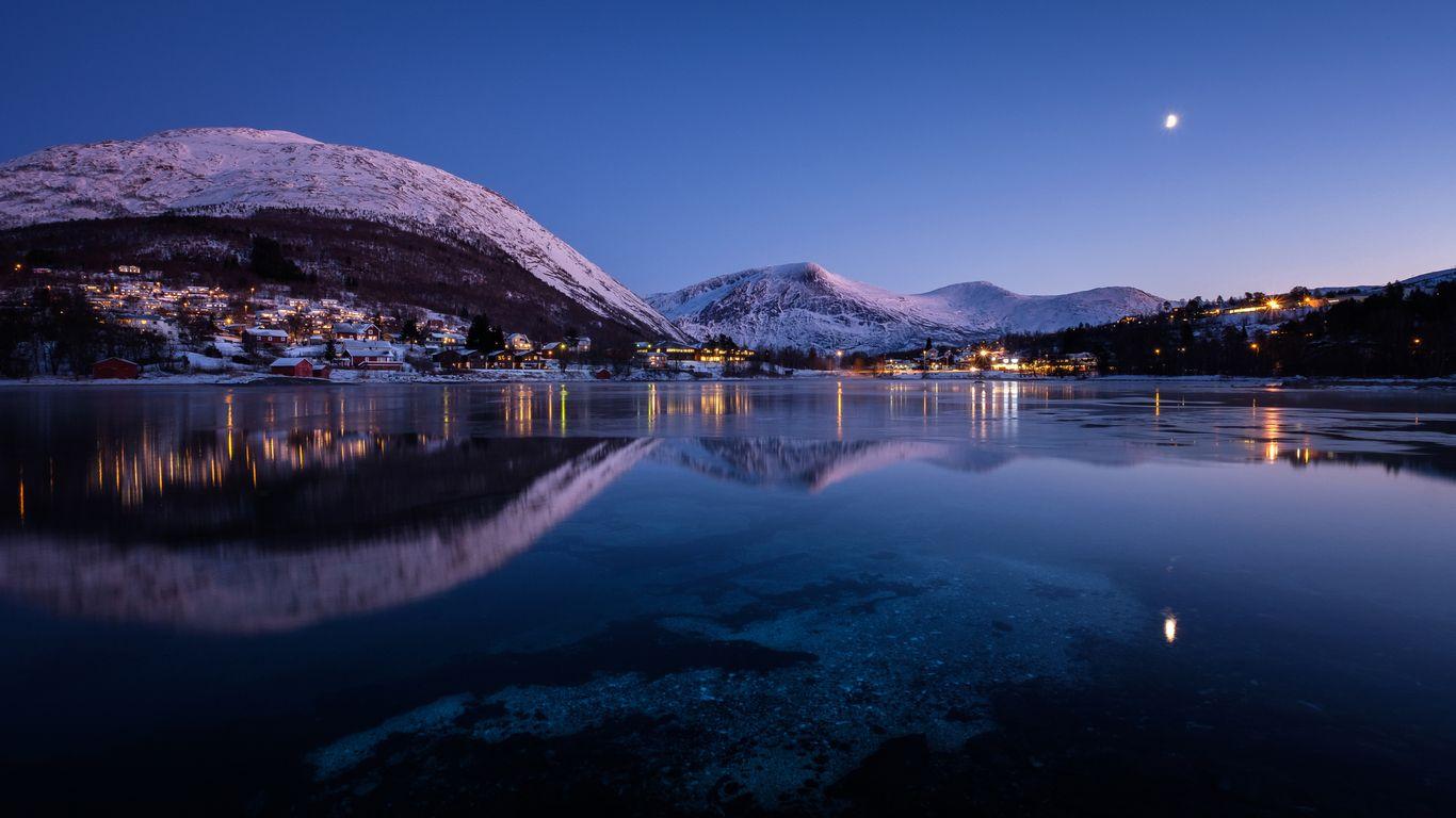 1366x768 Norway Mountains Evening Lake Cities Night 1366x768 Resolution HD 4k Wallpaper, Image, Background, Photo and Picture