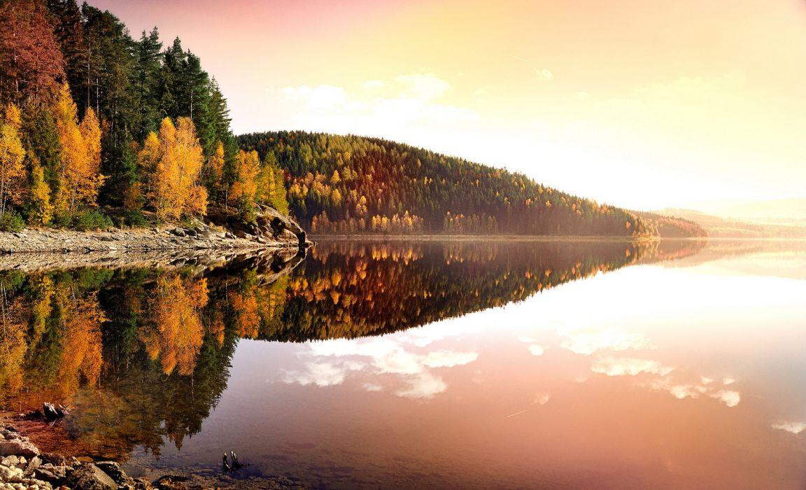 1152x700 Nature landscape autumn sunset evening lake river reflection wallpaperx1215