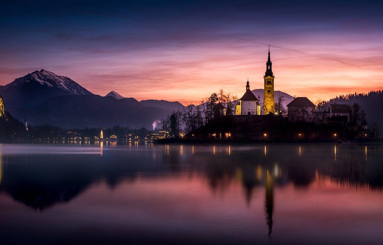 1332x850 Wallpaper sunset, mountains, night, lake, island, the evening, Slovenia, Lake bled, Bled, Church Of The Assumption Of The Virgin Mary, The Julian Alps image for desktop, section пейзажи