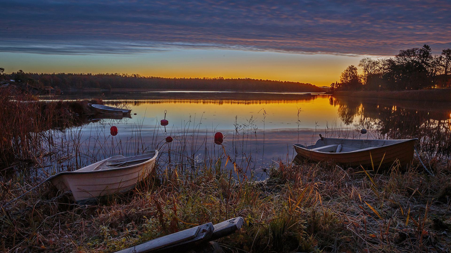 1920x1080 Wallpaper Sweden Autumn Nature Lake Boats Evening 1920x1080