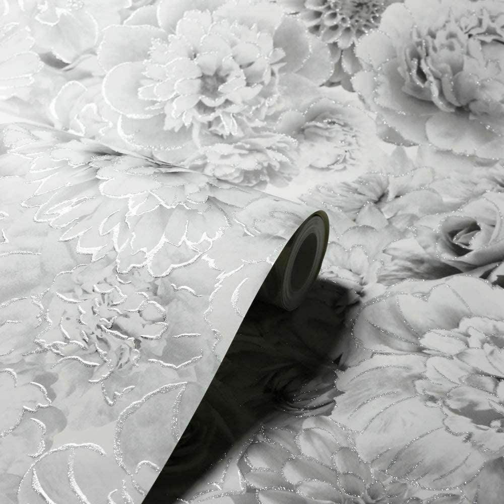 1000x1000 Arthouse Wallpaper Glitter Bloom Floral Flowers Roses Silver Grey White 692803