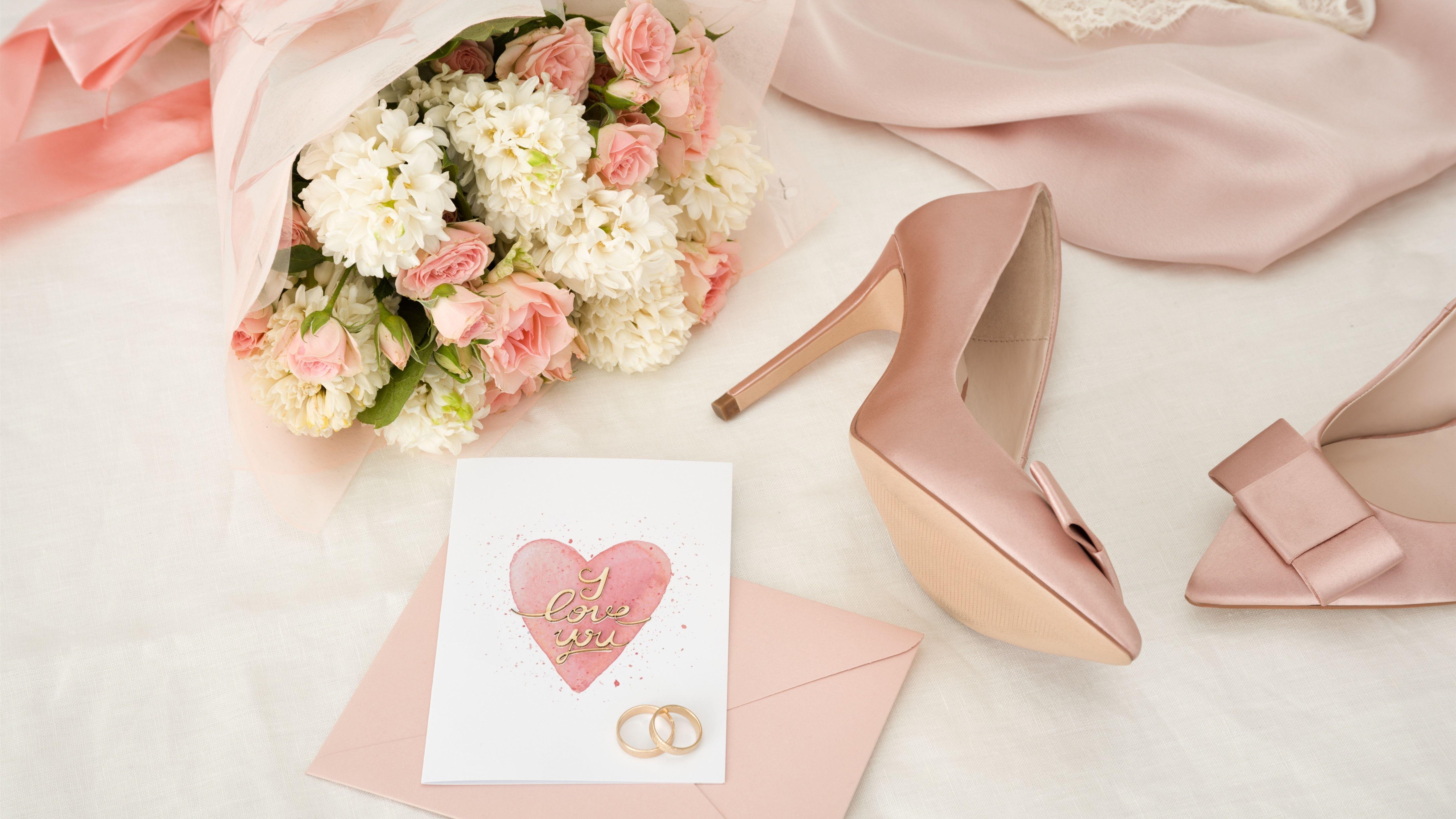 5120x2880 Wallpaper Pink and white flowers, wedding rings, love heart 5120x2880 UHD 5K Picture, Image