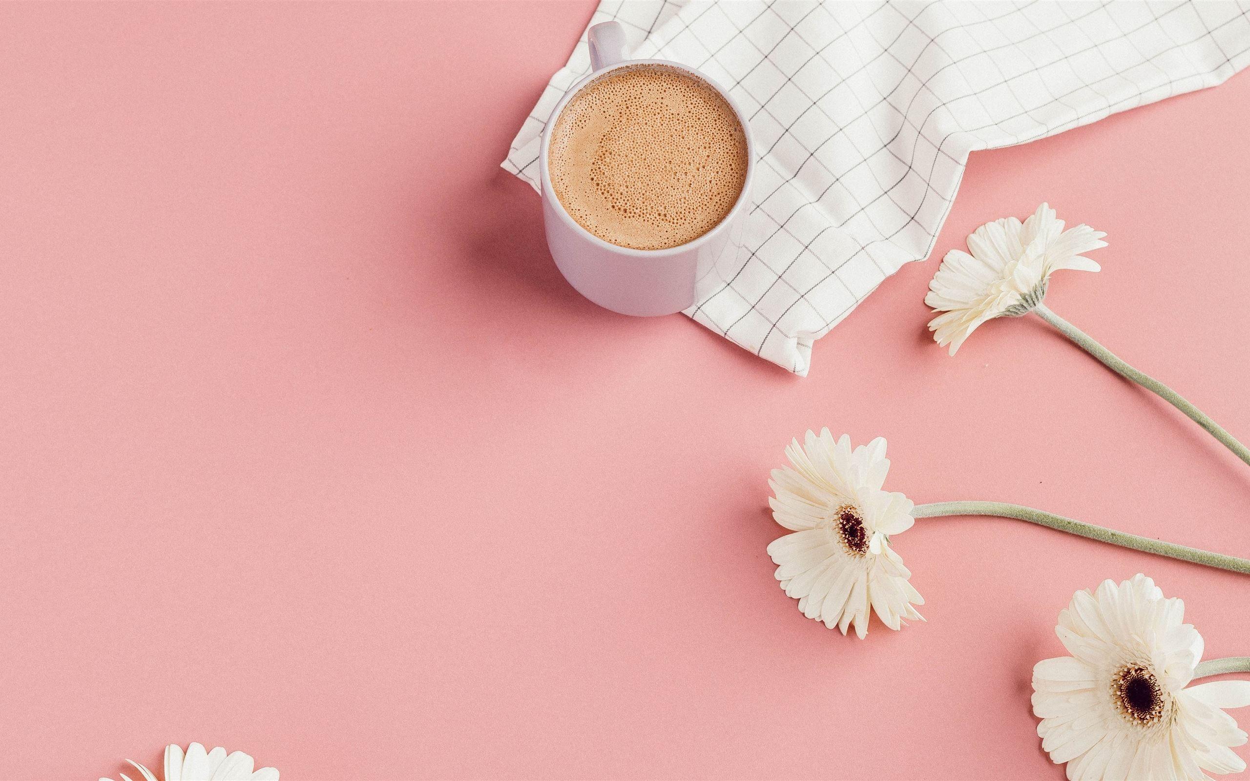 2560x1600 white ceramic mug near white flowers Mac Wallpaper Download