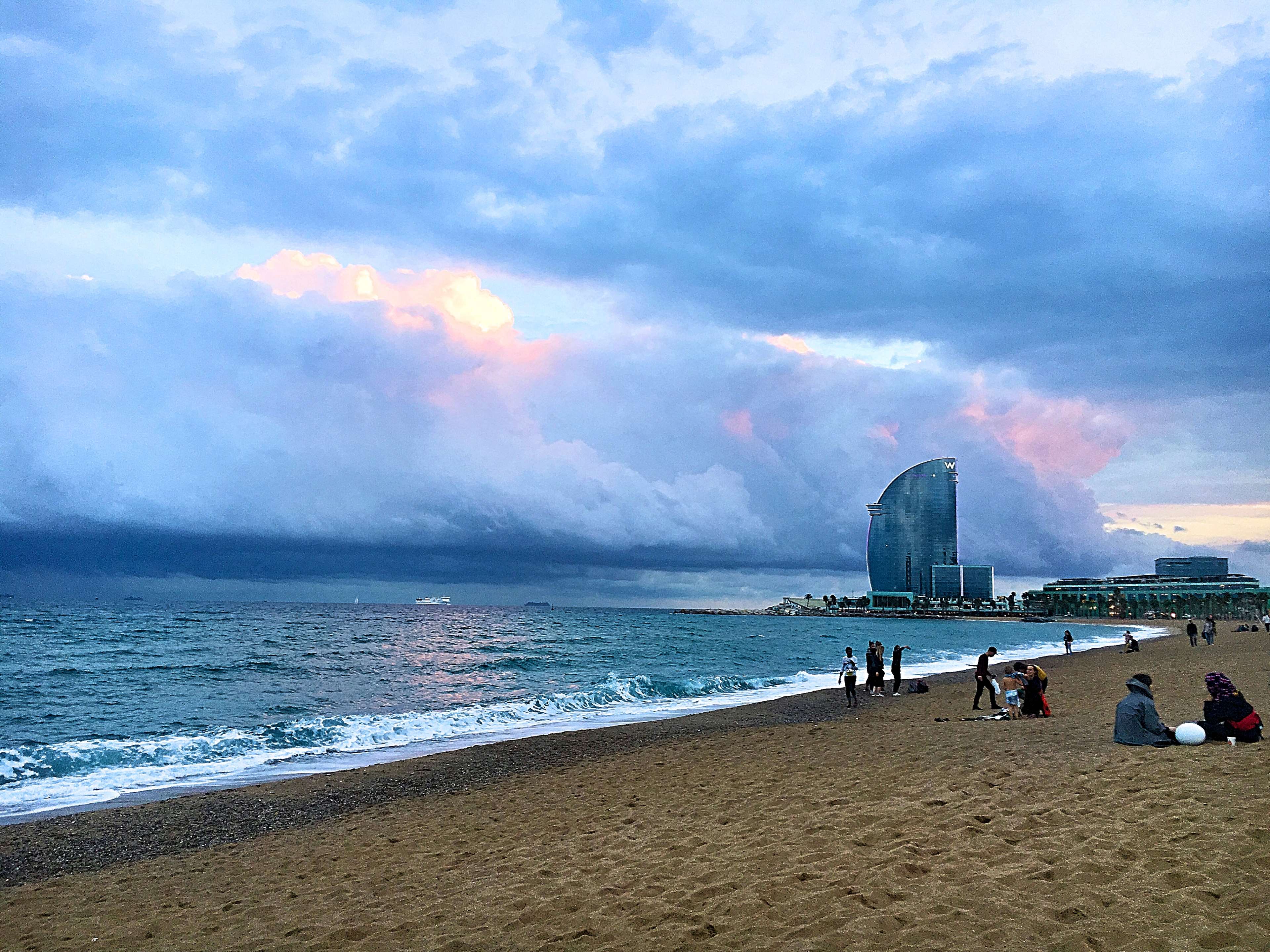 3840x2880 barcelona, beach, mediterranean, spain, sunset 4k wallpaper