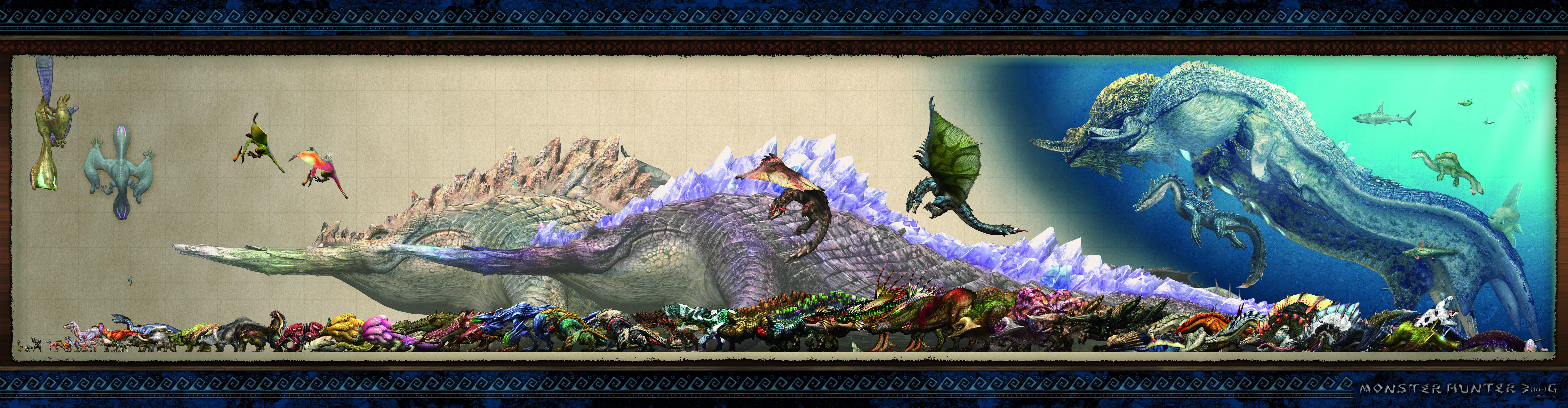 9449x2458 MONSTER HUNTER online mmo rpg fantasy hunting 1mhf action dragon fighting anime warrior dinosaur wallpaperx2458