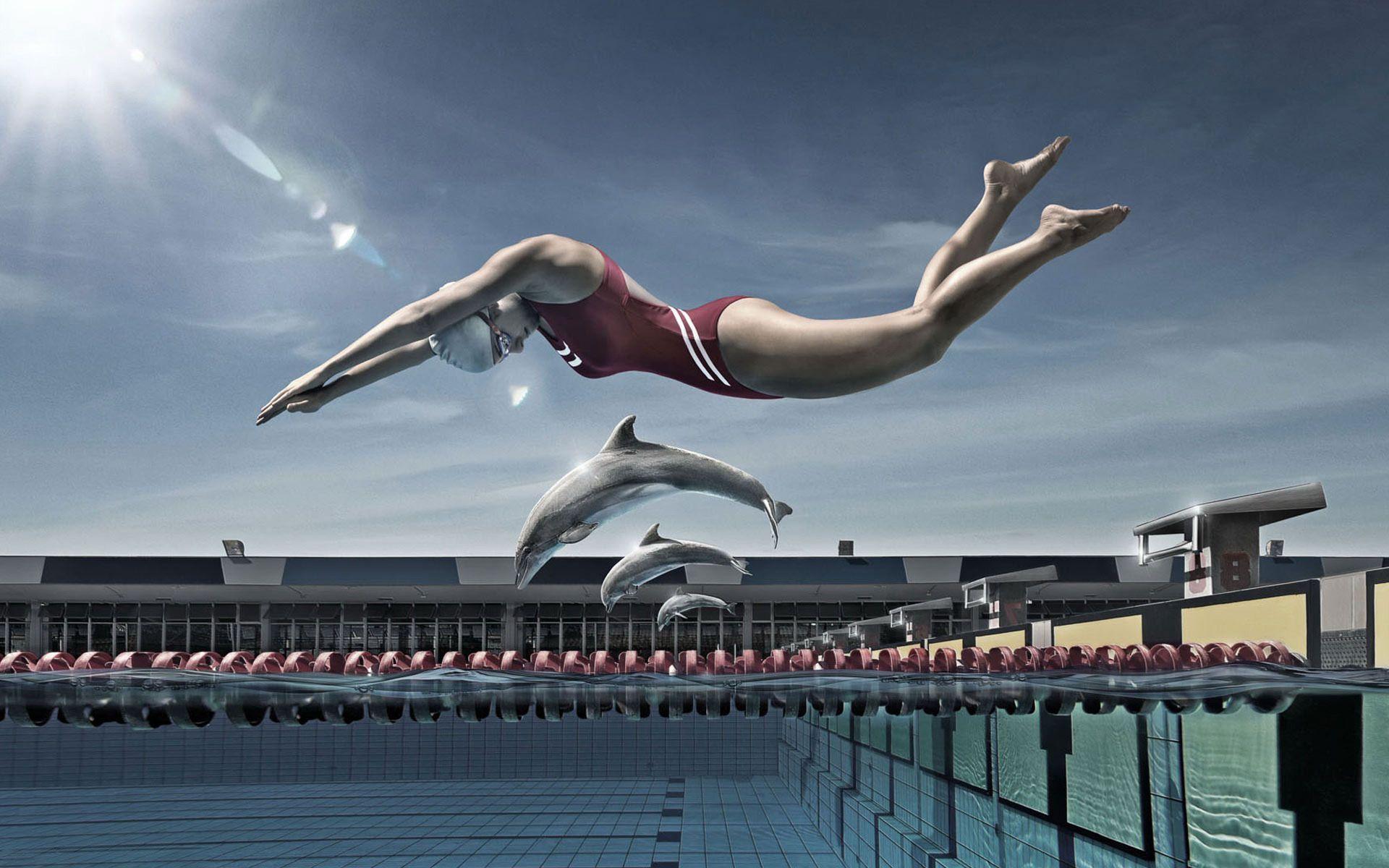 1920x1200 Swimming with dolphins, swimmer, pool, artistic, 1920x1200 HD