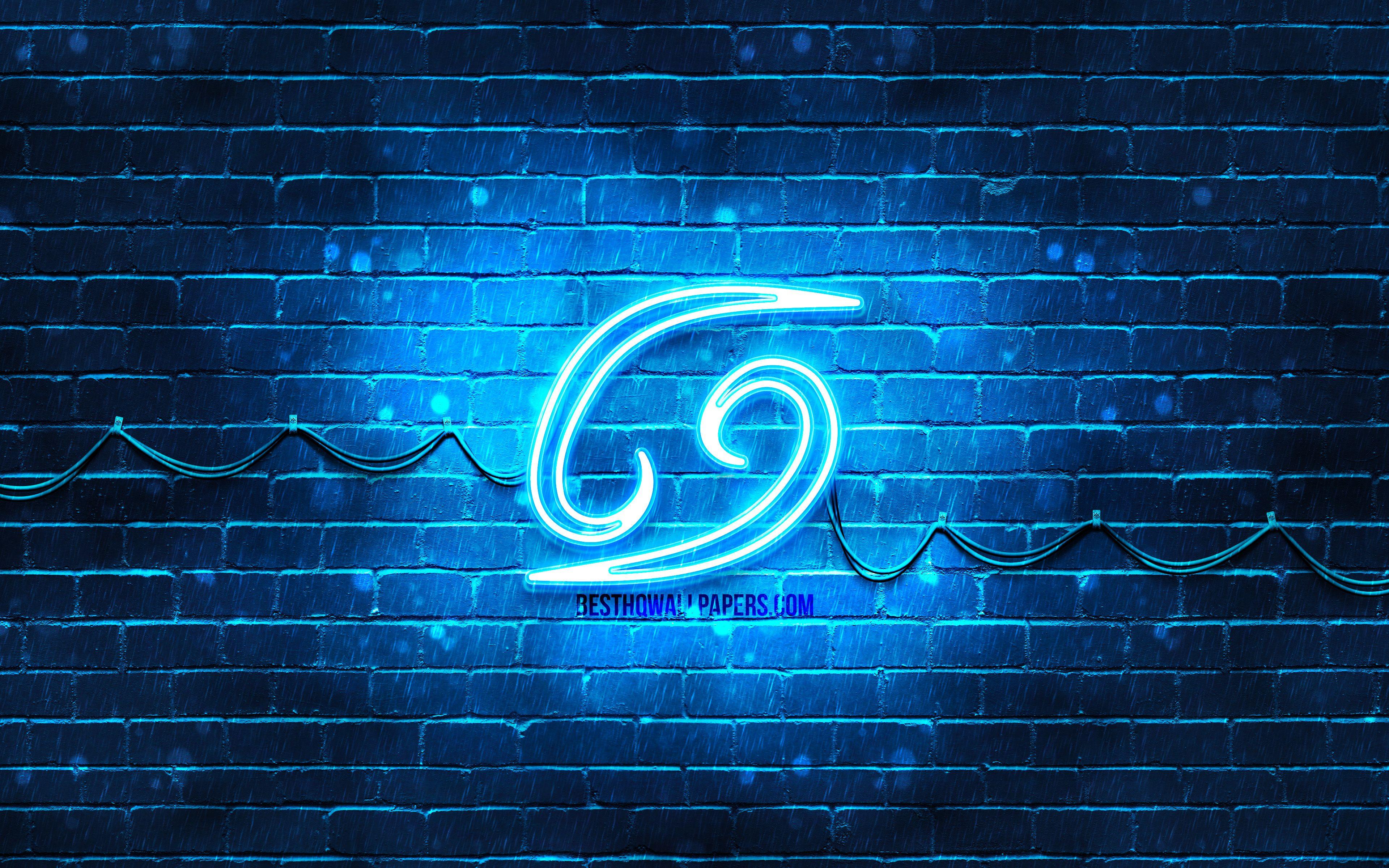 3840x2400 Download wallpaper Cancer neon sign, 4k, blue brickwall, creative art, zodiac signs, Cancer zodiac symbol, Cancer zodiac sign, astrology, Cancer Horoscope sign, astrological sign, zodiac neon signs, Cancer for desktop with resolution