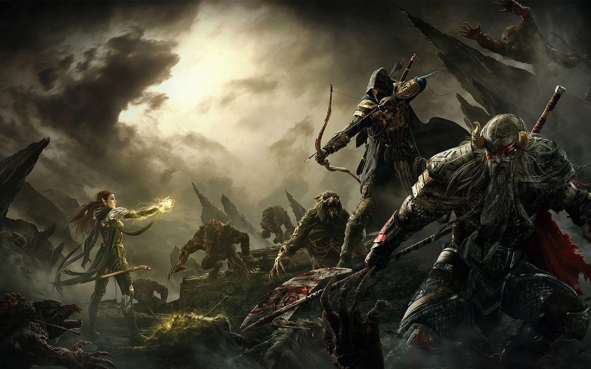 1920x1200 Elder Scrolls V Skyrim Warriors Archer Men Monster Armor Game Fantasy battle magic wallpaperx1200