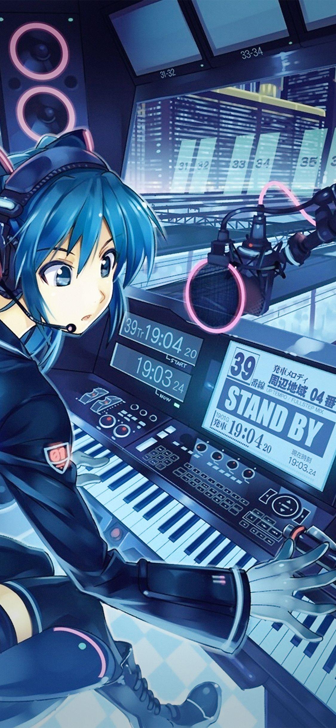 1125x2436 iPhone X wallpaper. hatsune miku anime girl train blue art illustration cute