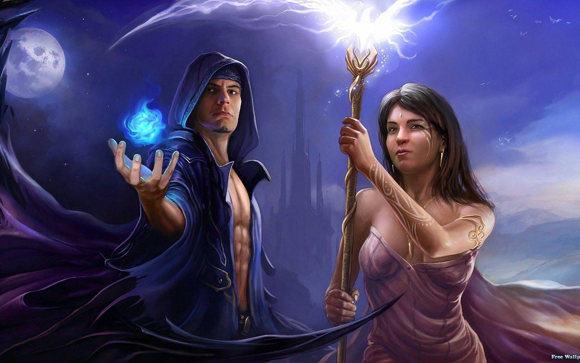1920x1200 Magic Men Mage Staff Hood Headgear Fantasy Girl Brunette Wallpaper Background :