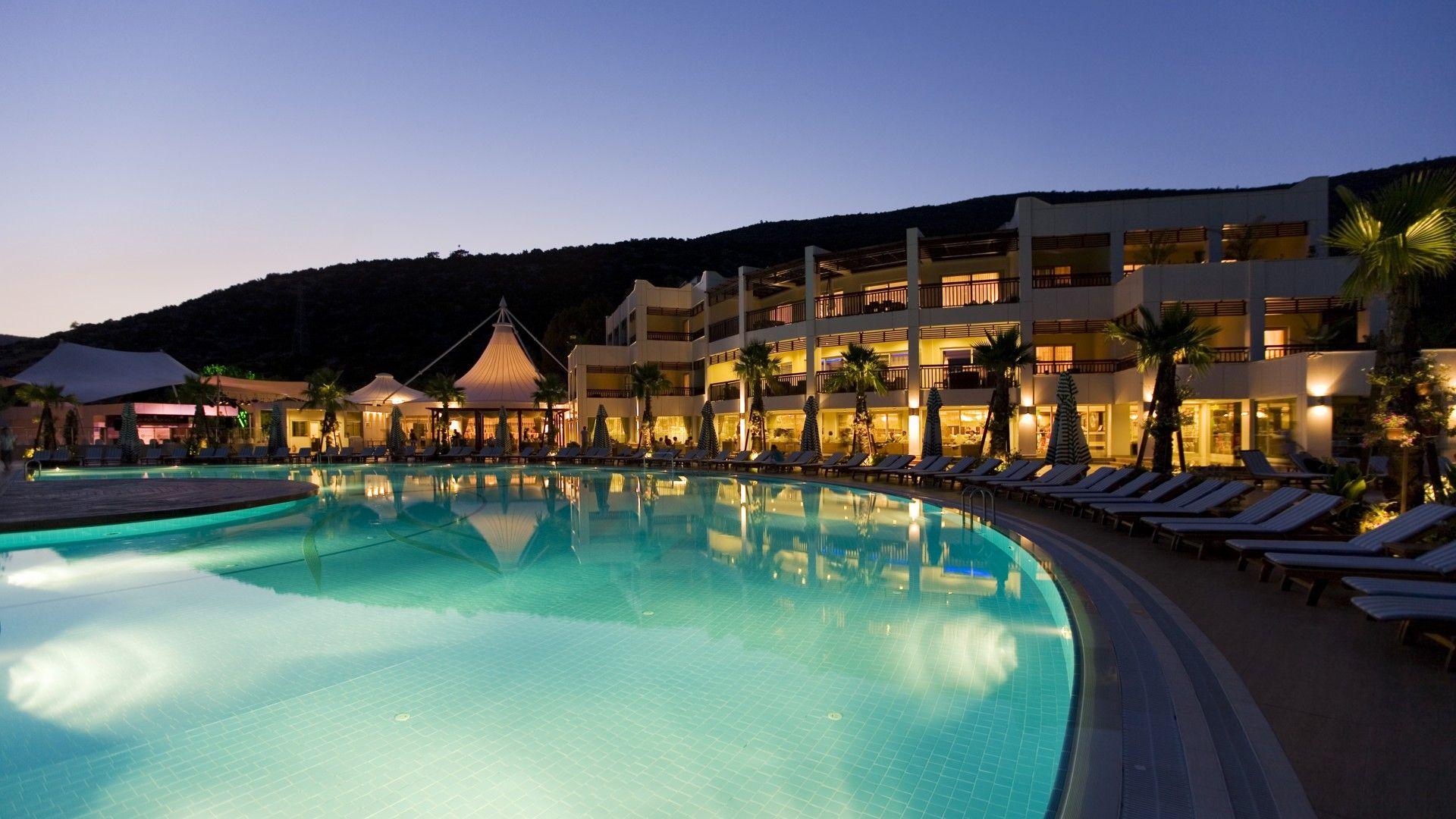 1920x1080 Wallpaper Latanya Bodrum Beach Resort, Turkey, hotel, pool, twilight, light, sunbed, travel, vacation, booking, resort, reflection, Architecture