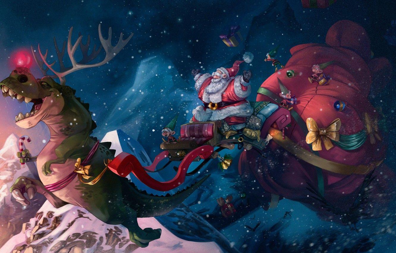 1332x850 Wallpaper Winter, Figure, Snow, Christmas, Holiday, Santa Claus, Art, Christmas, Art, Dinosaur, Santa Claus, Gifts, Illustration, Sleigh, Character, by Alex Mamedes image for desktop, section новый год