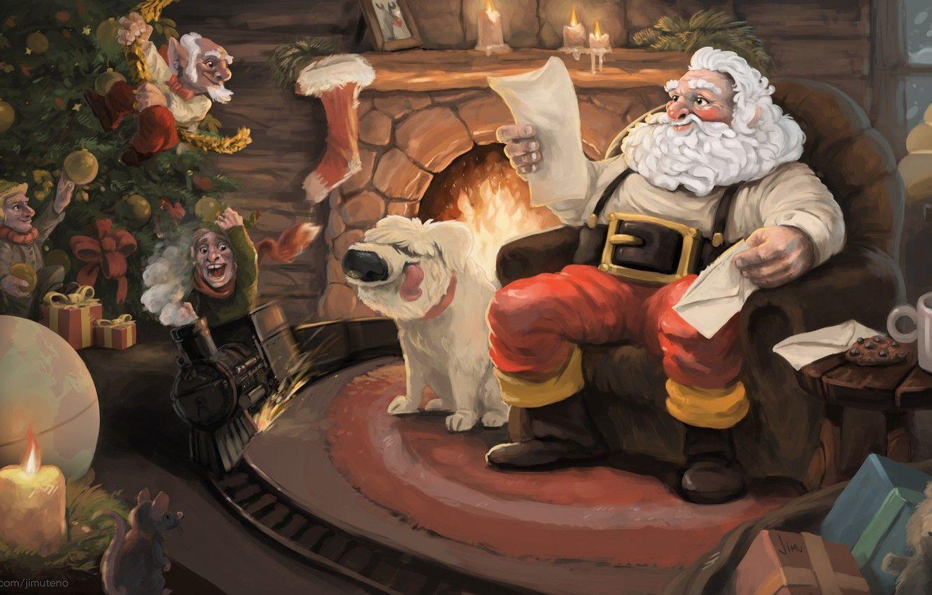 1332x850 Wallpaper Dog, Figure, Santa, Holiday, Santa Claus, Art, Christmas, Art, Fireplace, Merry Christmas, Santa, Santa Claus, Illustration, Jimu Art, by Jimu Art image for desktop, section новый год