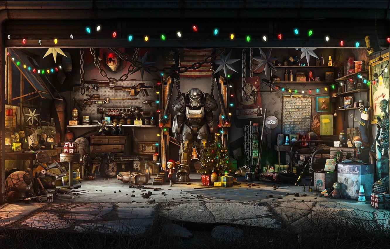 1332x850 Wallpaper The game, Christmas, New year, Weapons, Decoration, Garage, Holiday, Fallout, Art, Christmas, Art, Tree, Toys, Bethesda, Bethesda Game Studios, Fallout - for desktop, section игры