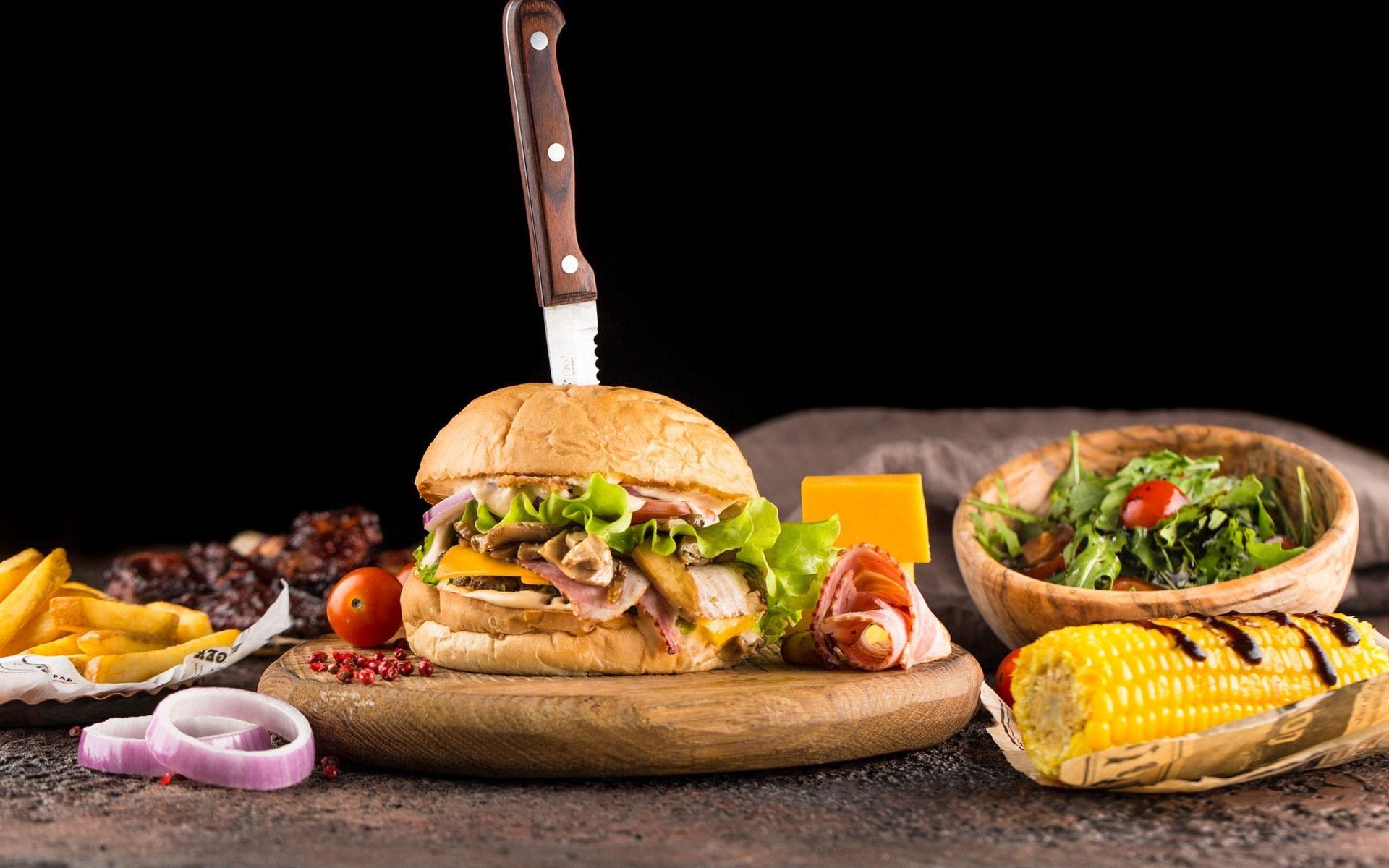 1920x1200 Wallpaper Hamburger, salad, corn, fast food 1920x1200 HD Picture, Image