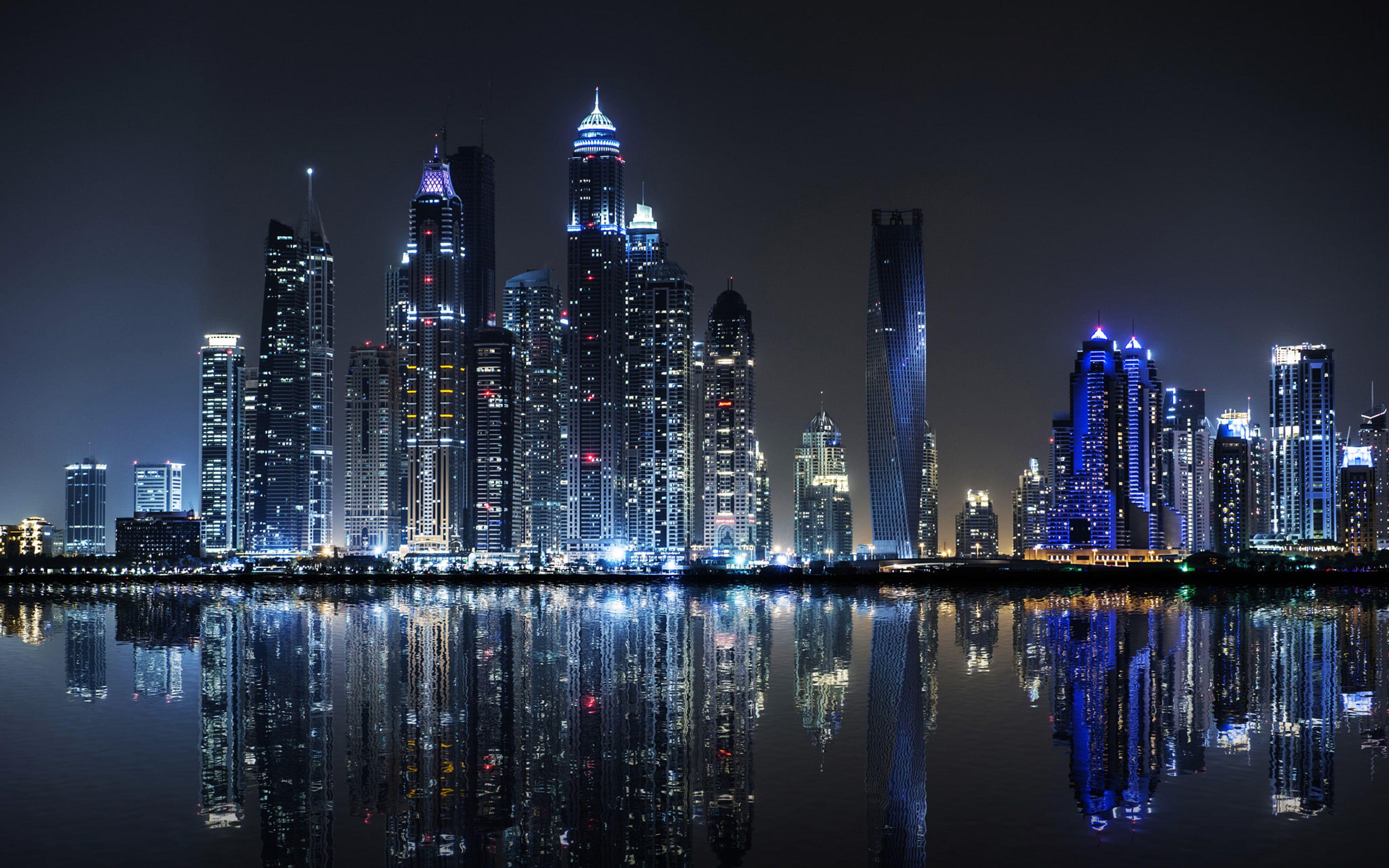 3840x2400 Dubai Night Photo Taken From The Palm Island Jumeirah Night Wallpaper & Background Download