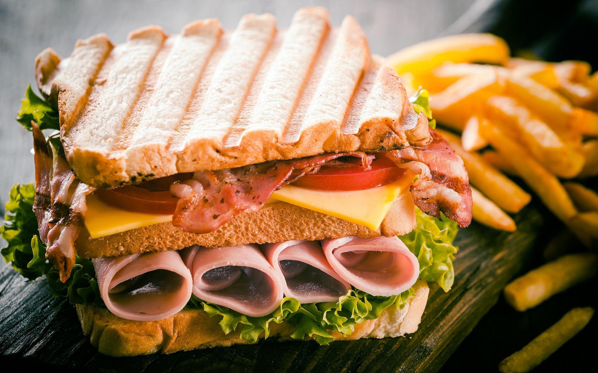 1920x1200 Download wallpaper ham sandwich, fast food, double sandwich, French fries, bread with sausage for desktop with resolution 1920x1200. High Quality HD picture wallpaper