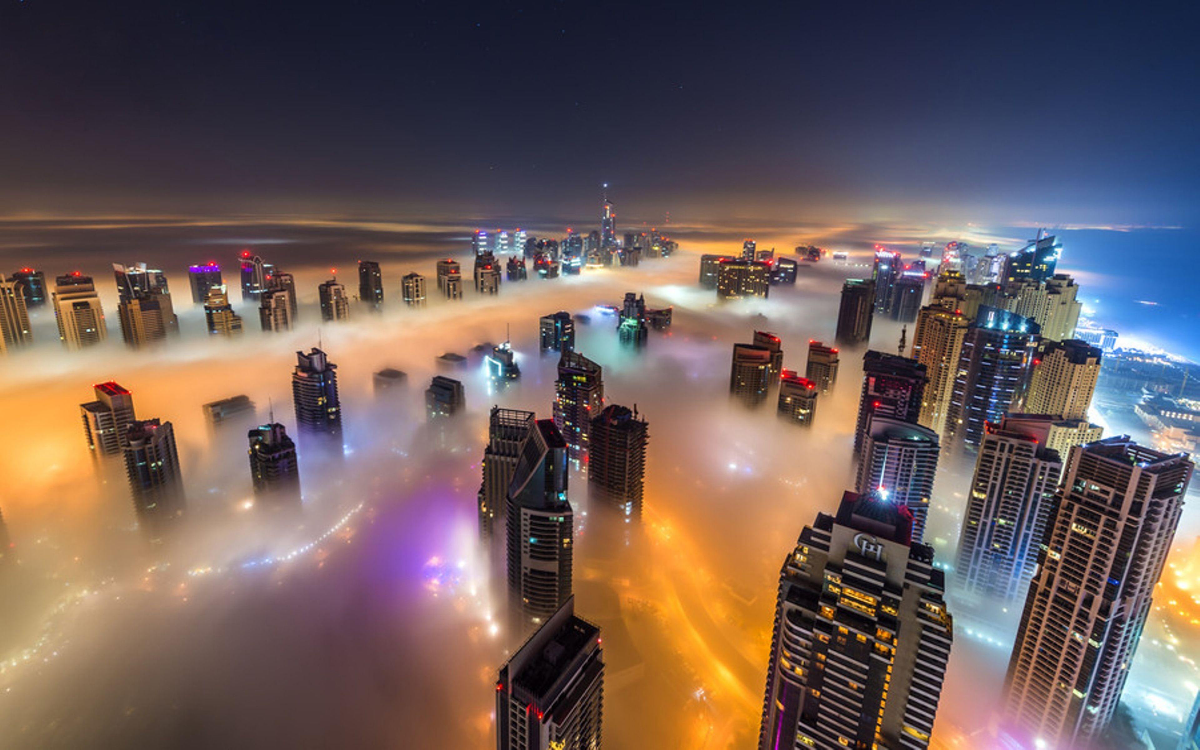3840x2400 Dubai Night Time City In The Fog HD Wallpaper :