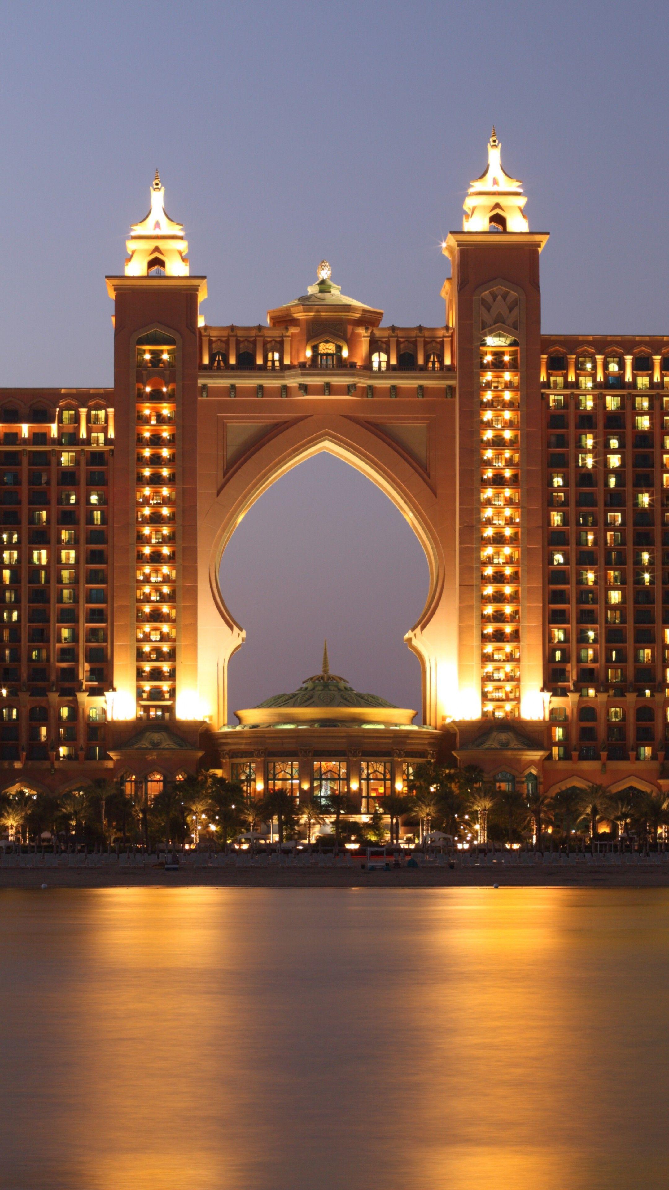 2160x3840 Wallpaper Atlantis, Dubai, Hotel, night, resort, sea, ocean, water, sky, travel, vacation, booking, Architecture