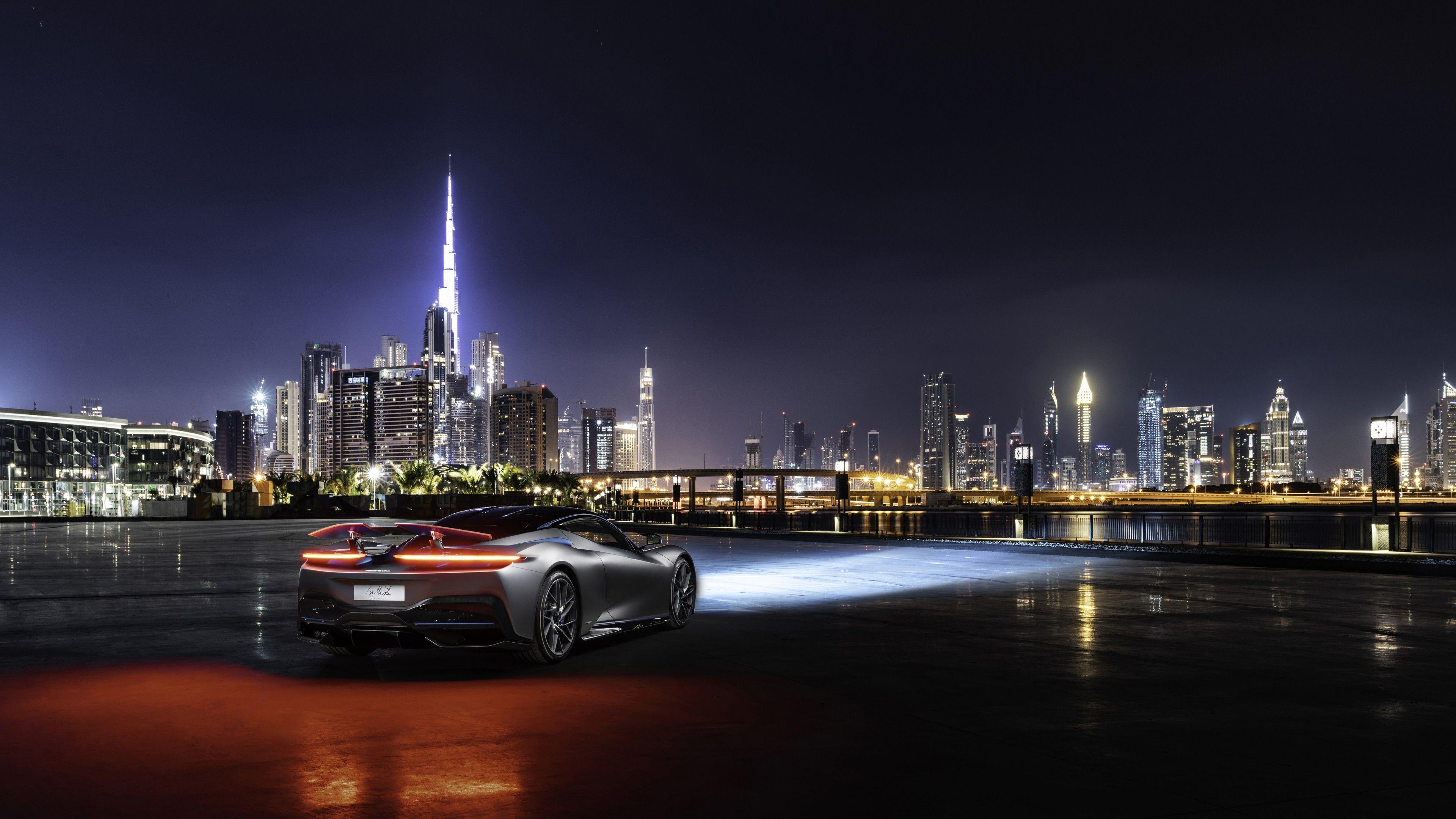 3840x2160 Pininfarina Battista 4K Wallpaper, Dubai, Night, Cityscape, City lights, 5K, World