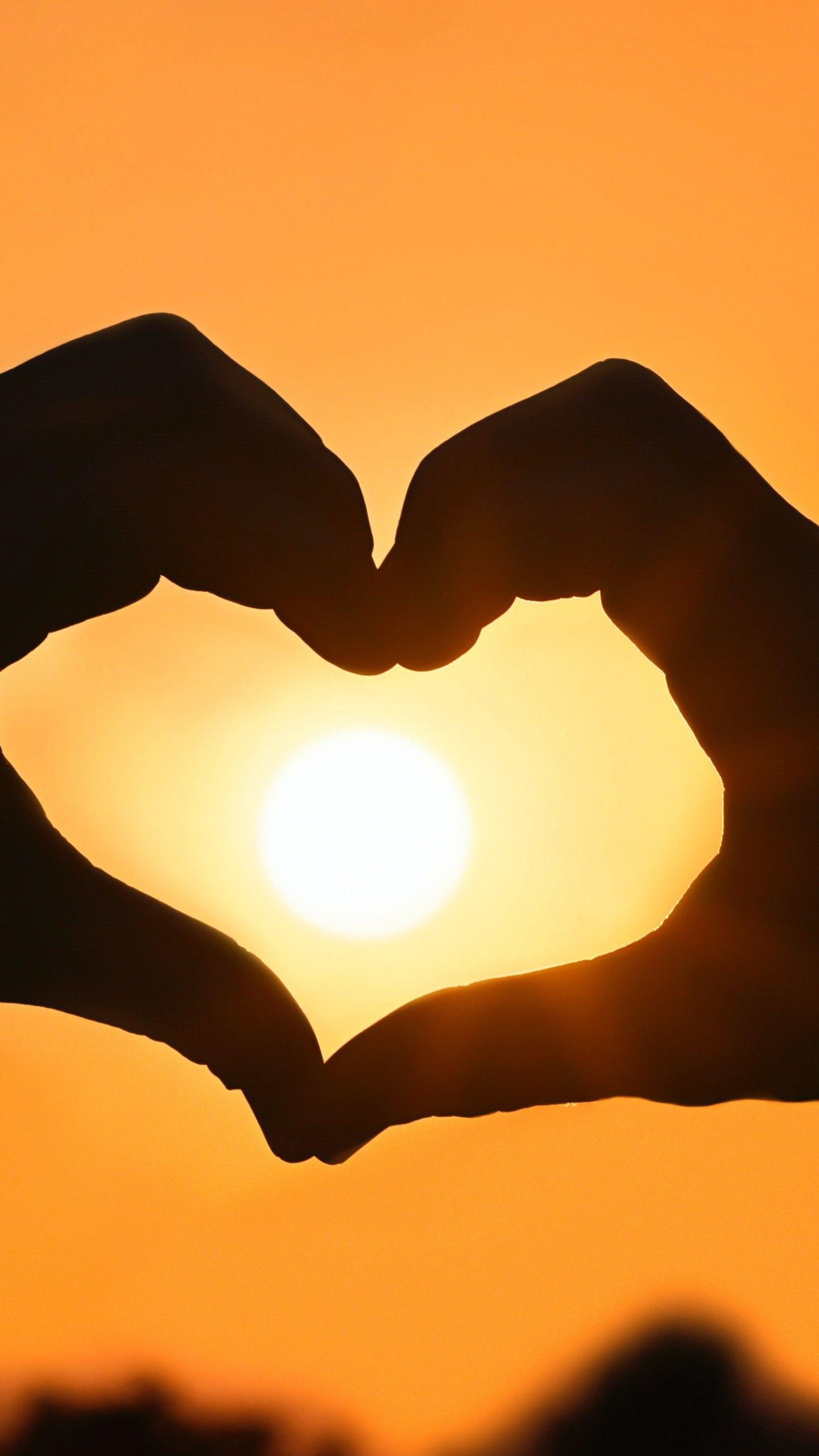 1440x2560 Sunset 4K Wallpaper, Silhouette, Heart shape, Hands together, Valentine&;s Day, Love