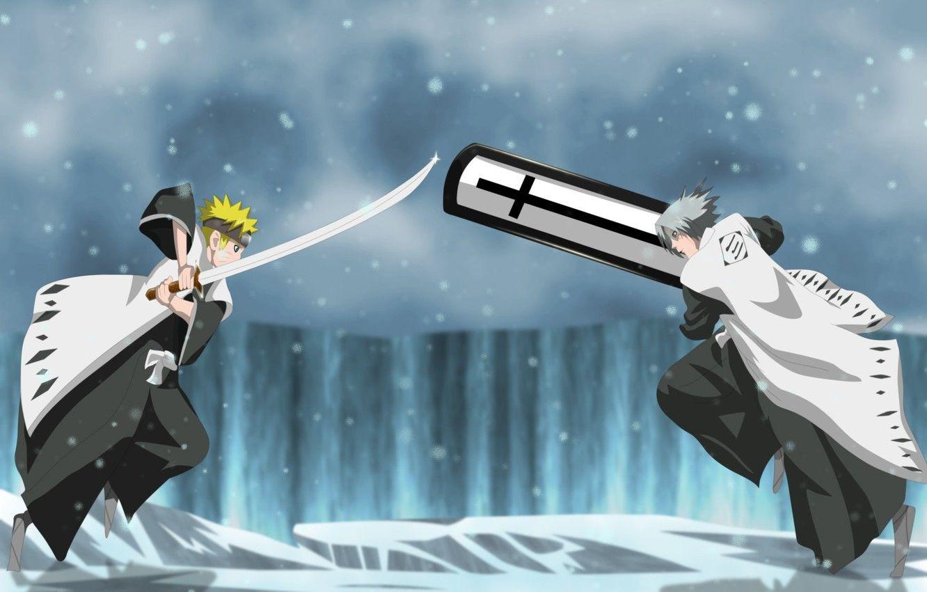 1332x850 Wallpaper demon, sword, ice, game, Bleach, Naruto, blizzard, anime, cross, blue eyes, katana, crossover, fight, ken, vampire, samurai image for desktop, section сёнэн