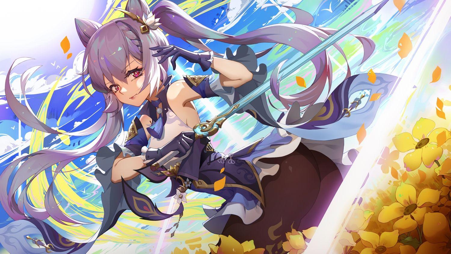 1500x844 ass clouds flowers genshin impact keqing (genshin impact) long hair moonofmonster sky sword twintails weapon. konachan.com.com Anime Wallpaper