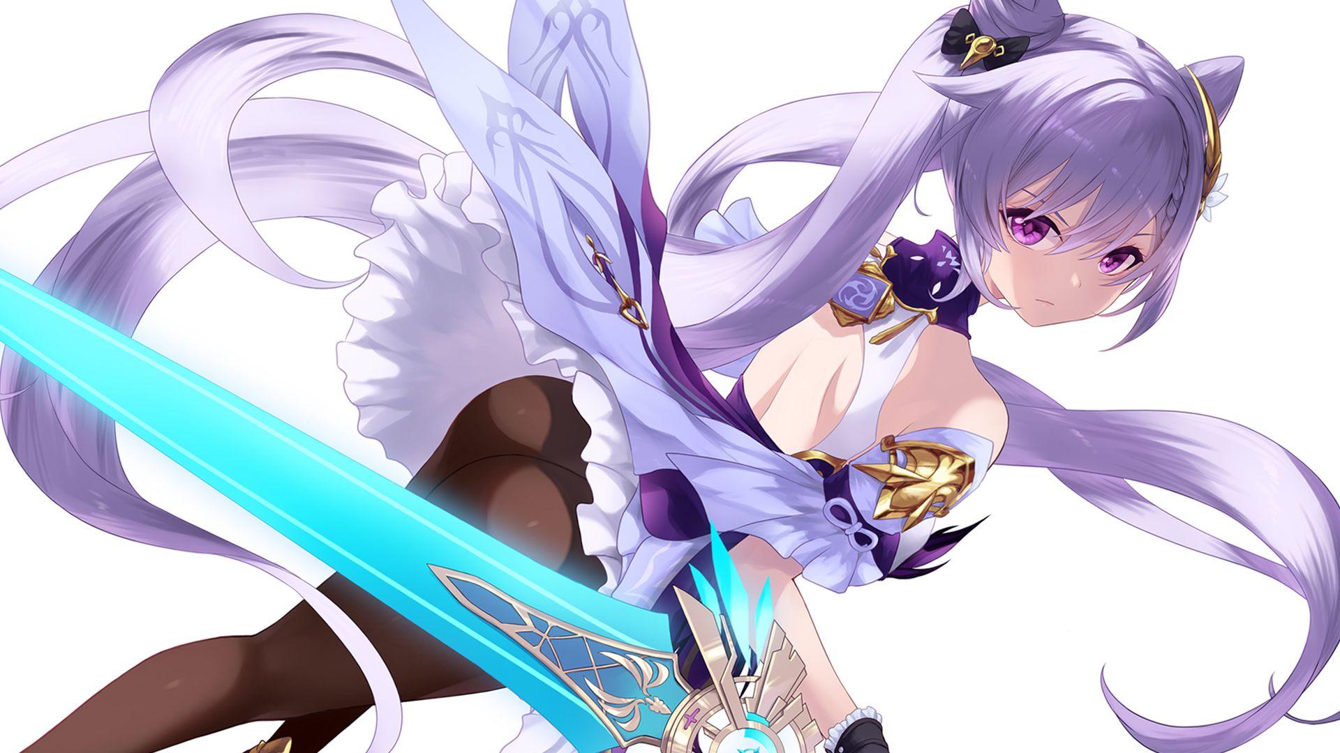 1920x1080 cait genshin impact keqing asian clothes ass no bra pantyhose skirt lift sword wallpaper