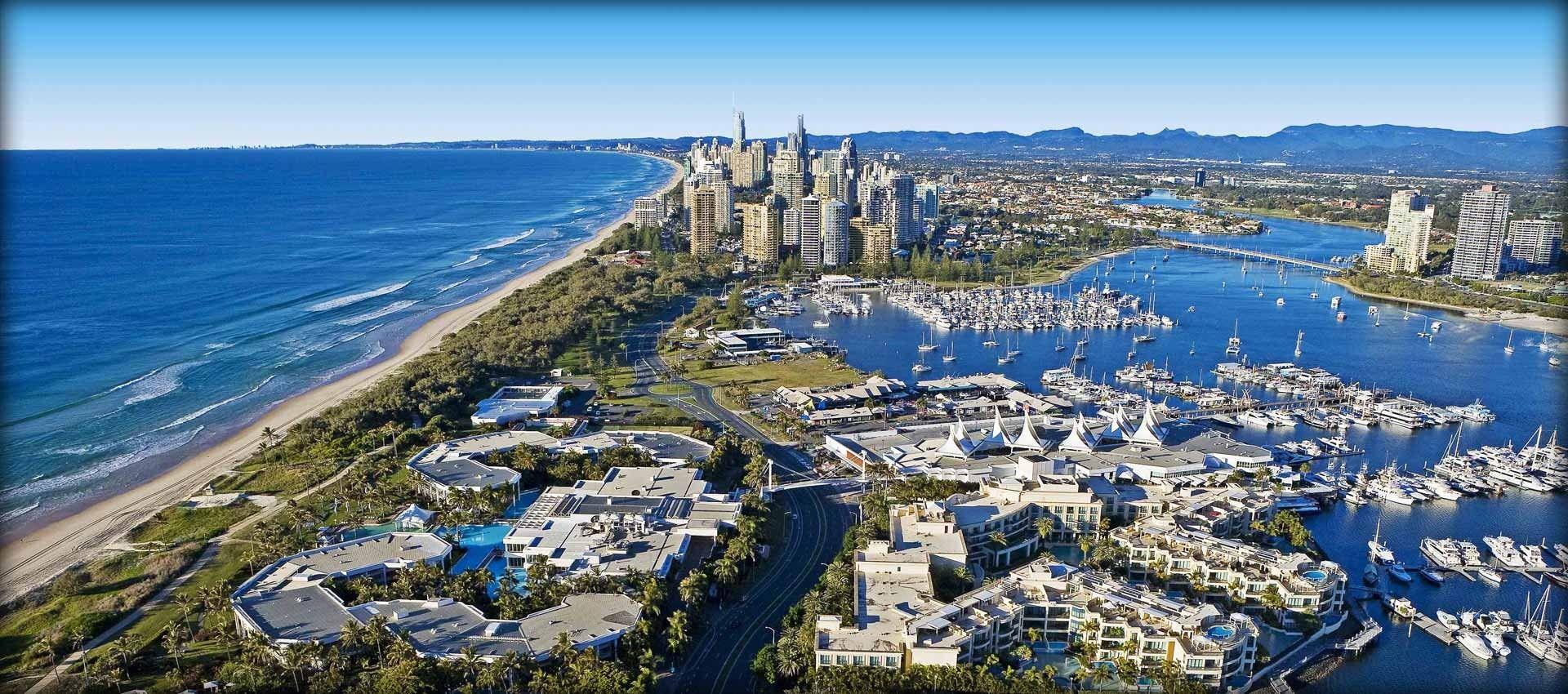 1920x850 green, blue, ocean, landscapes, beach, cityscapes, architecture, hills, skyscrapers, Australia, sunny, Go wallpaper
