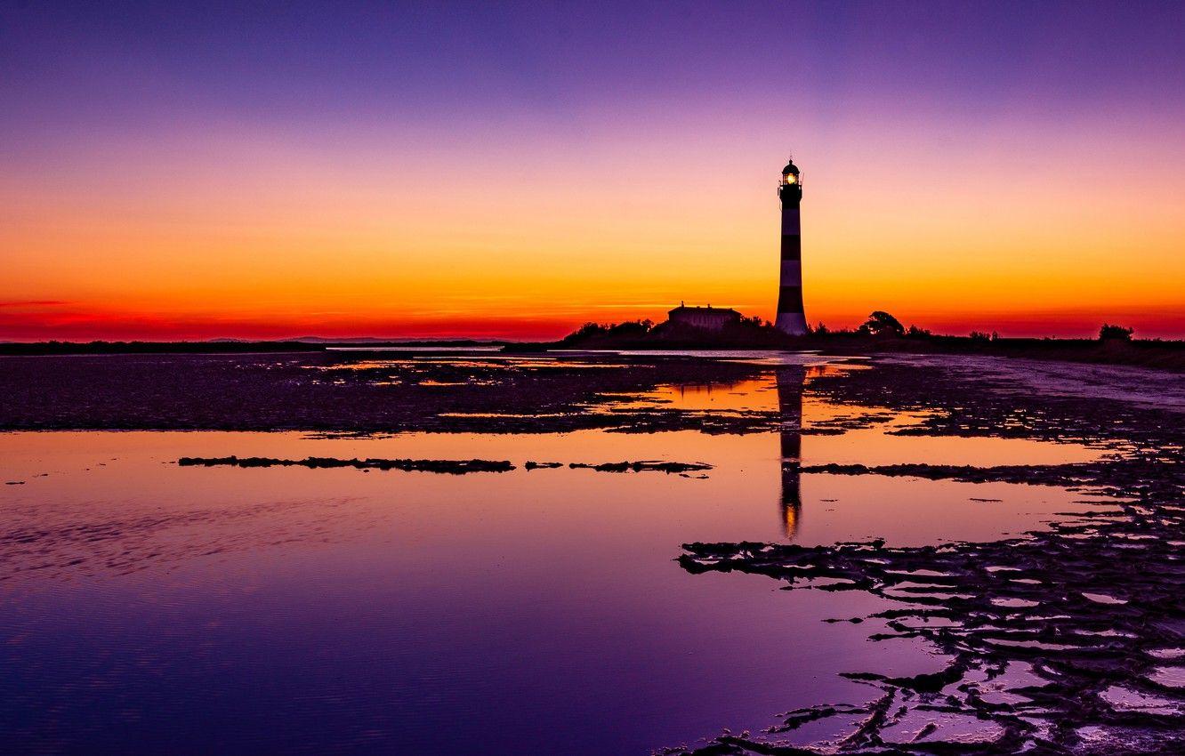 1332x850 Wallpaper sea, the sky, light, landscape, sunset, reflection, lilac, shore, strip, lighthouse, color, the evening, horizon, silhouettes, lilac, Shine image for desktop, section пейзажи