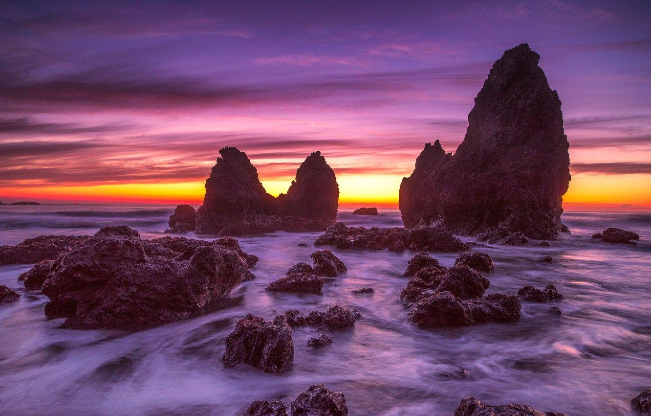1332x850 Wallpaper sea, wave, purple, the sky, clouds, light, landscape, sunset, yellow, bright, strip, stones, the ocean, rocks, lilac, shore image for desktop, section пейзажи