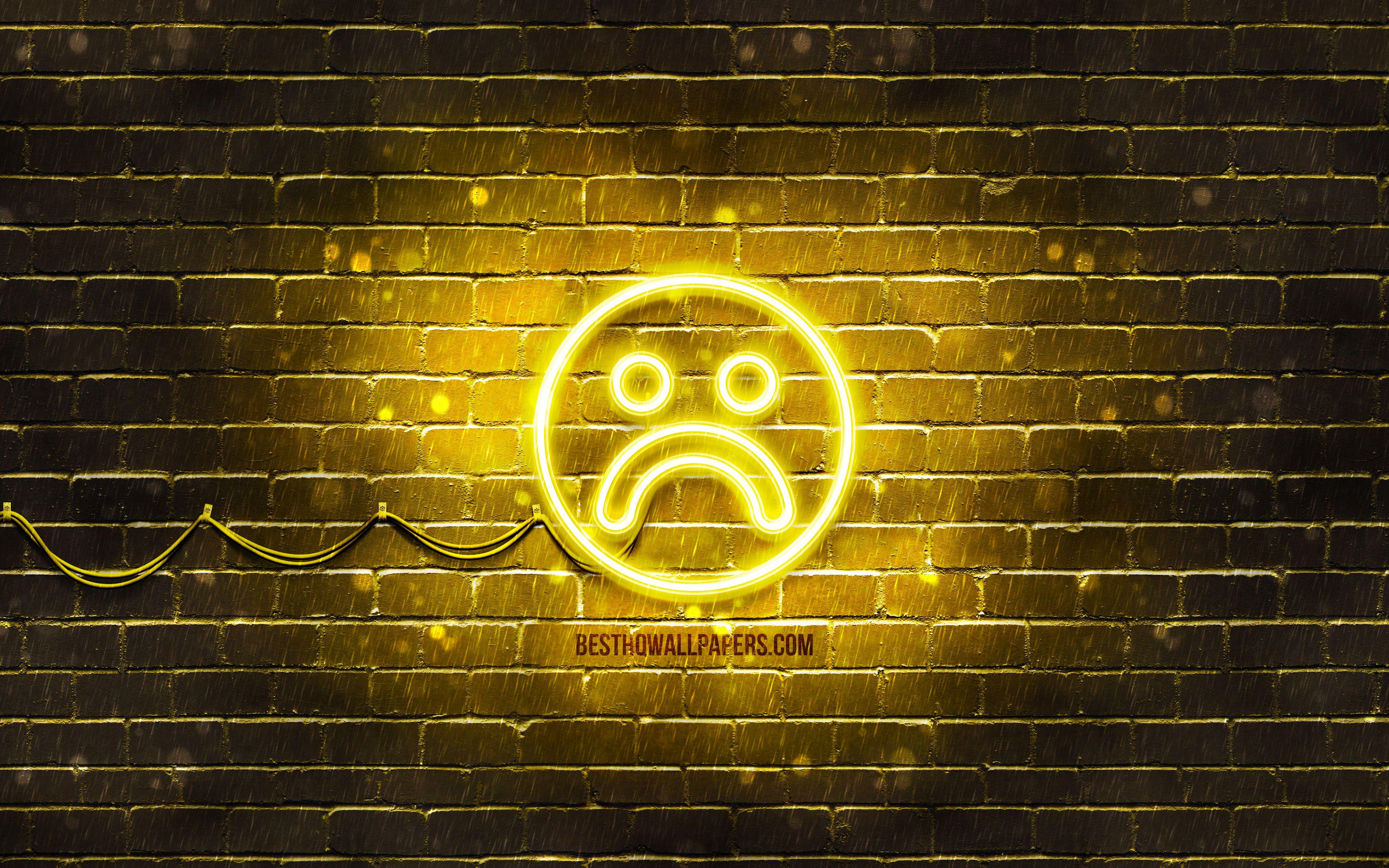 3840x2400 Download wallpaper Sad neon icon, 4k, yellow background, smiley icons, Sad Emotion, neon symbols, Sad, neon icons, Sad sign, emotion signs, Sad icon, emotion icons for desktop with resolution 3840x2400. High Quality